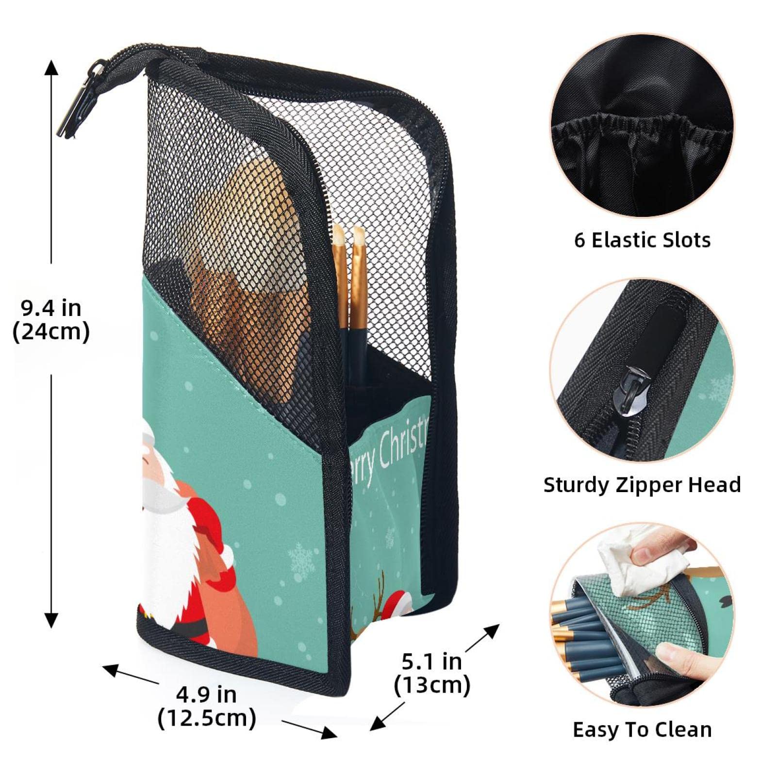 Premium Makeup Brush Organizer Bag with 12 Brushes - Christmas Santa Claus & Reindeer Design - Portable Travel Cosmetic Brush Holder Case for Makeup Artists & Beauty Lovers (Great for Holiday Gifts, Travel, Home Vanity & Professional Use)