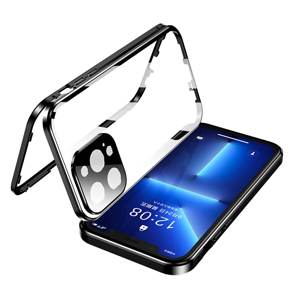 Premium iPhone 13 Case with Safety Lock & Strong Magnetic Adsorption - 360° Full Body Protection, Metal Bumper & Double-Sided Tempered Glass with Camera Lens Protector (Black) | Perfect for Outdoor Adventures, Work & Daily Use