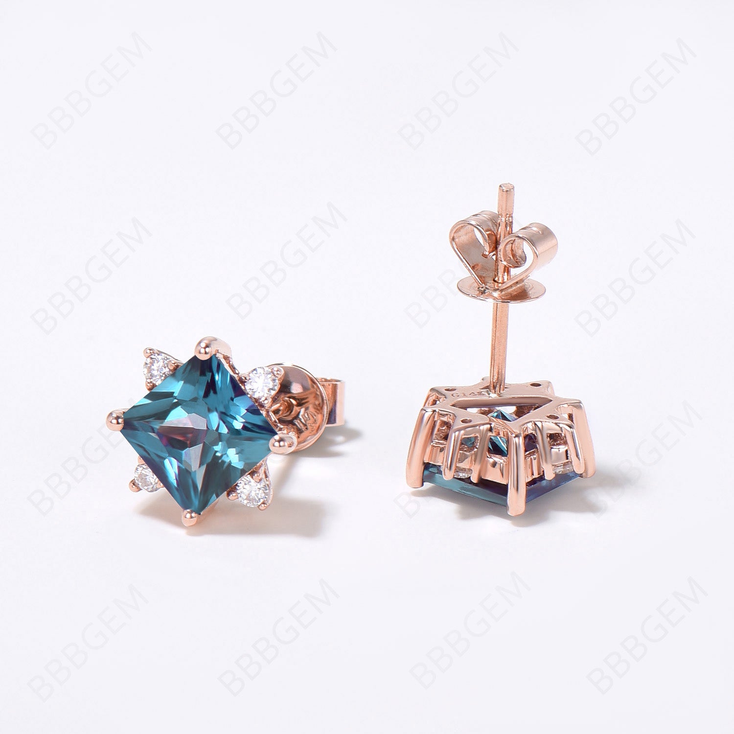 Princess Cut Alexandrite Stud Earrings - June Birthstone Flower Earrings for Women | Minimalist Wedding Jewelry, Anniversary Gift & Everyday Wear