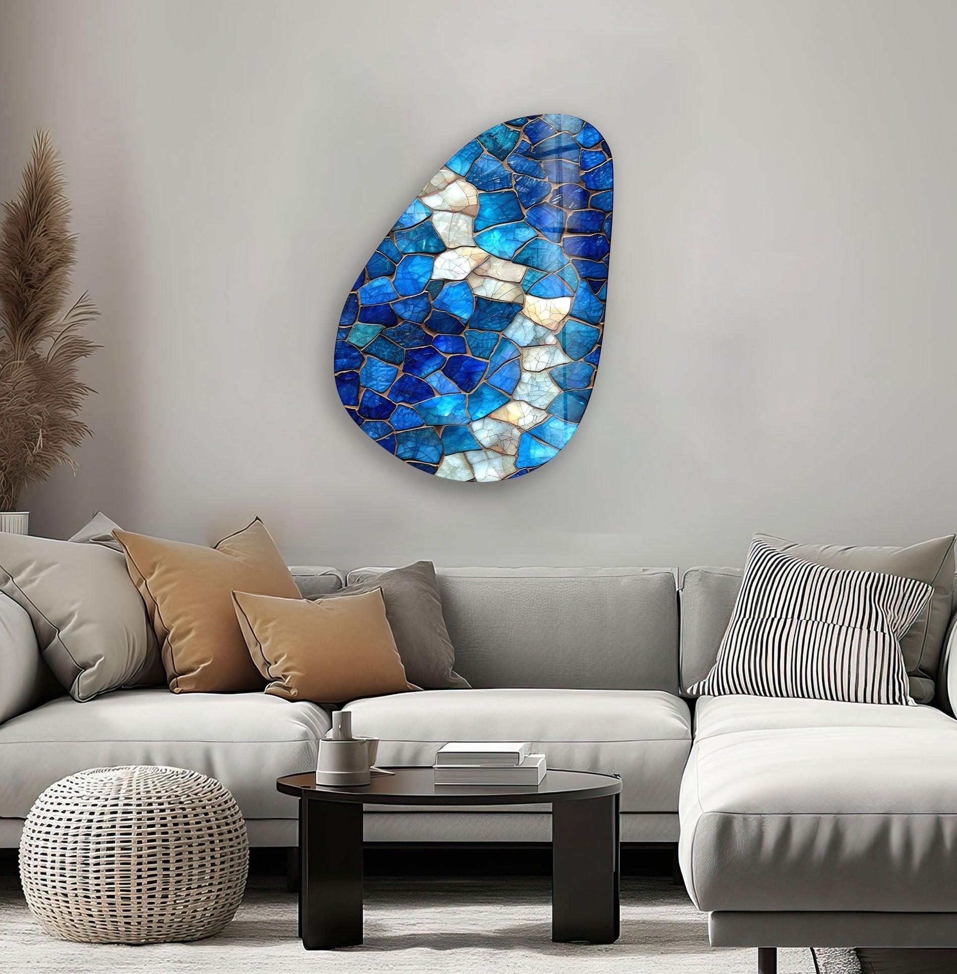 Handmade Asymmetrical Oval Blue Stained Glass Wall Art - Unique Home Decor for Living Room, Bedroom & Office - Perfect Gift for Housewarming & Wedding