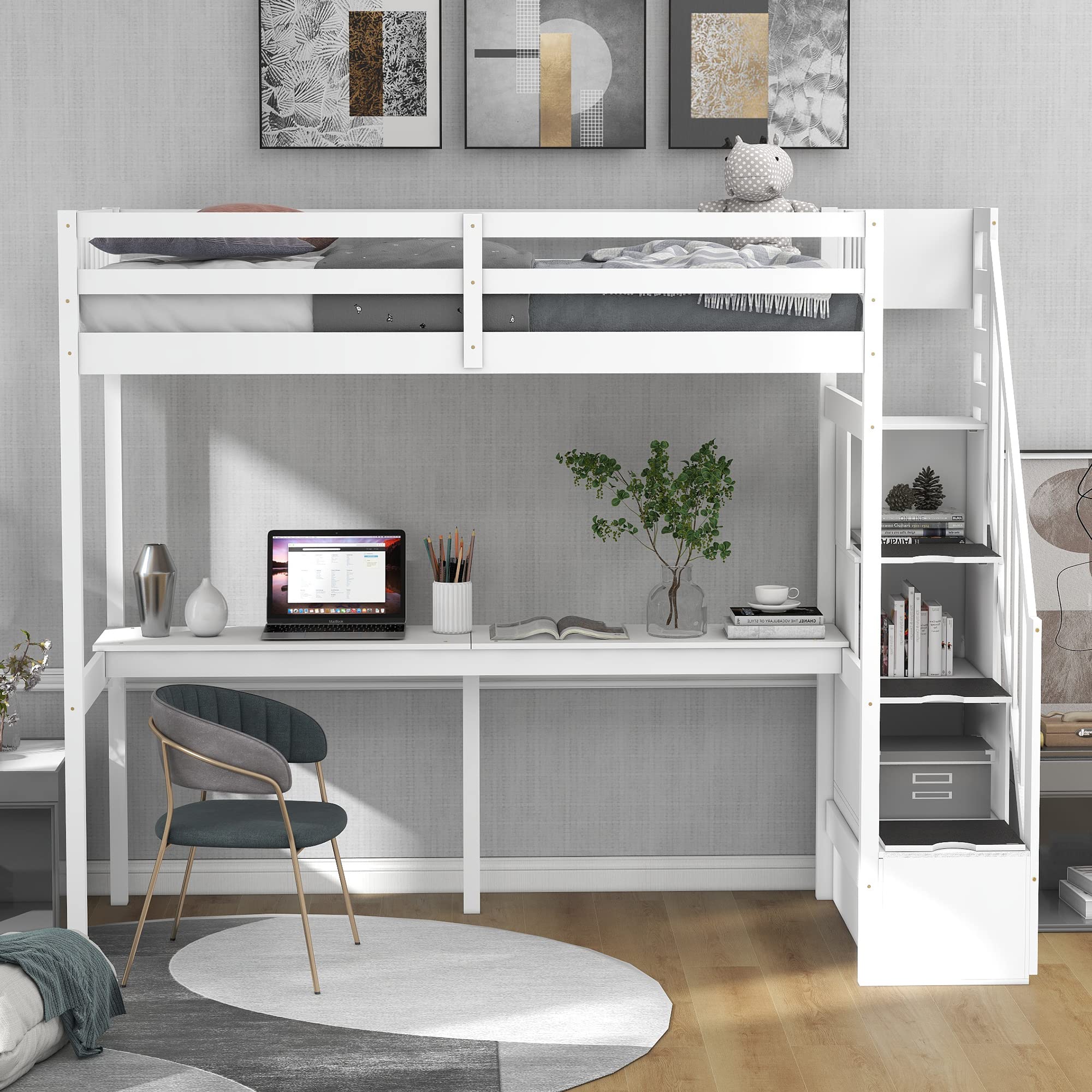 Twin Loft Bed with Desk and Storage - Sturdy Wood Loft Bed Frame with Staircase for Kids, Boys, Girls & Teens - White - Perfect for Small Bedrooms, Dorm Rooms & Kids' Spaces