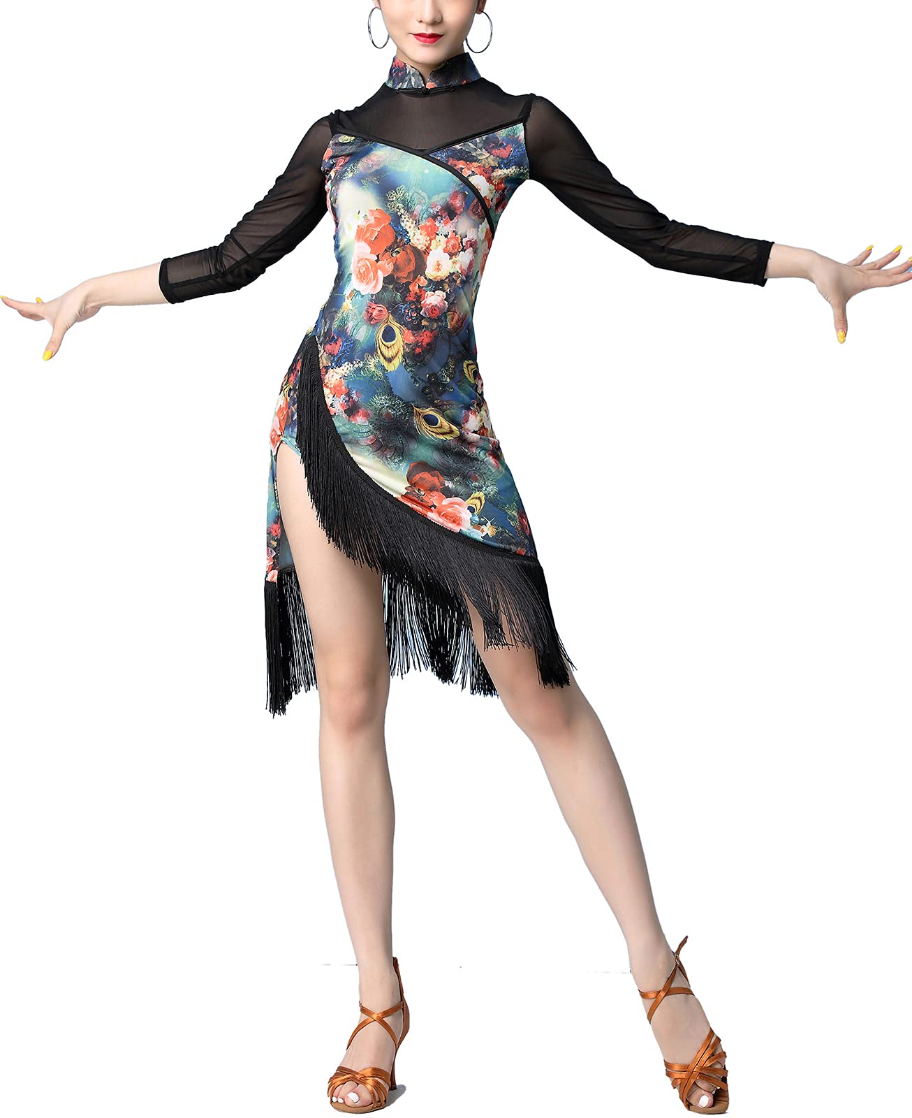 Elegant White Cheongsam Qipao Dress with High Slit & Fringe Trim - Vintage Chinese Inspired Latin Dance Costume for Salsa, Ballroom, and Party Performances