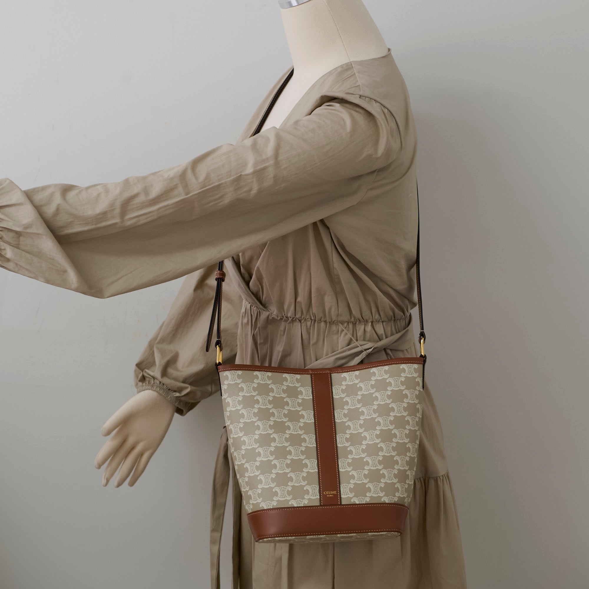 Celine Small Bucket Bag in Triomphe Canvas - Tan & White Crossbody Shoulder Bag for Women | Perfect for Work, Travel & Everyday Use