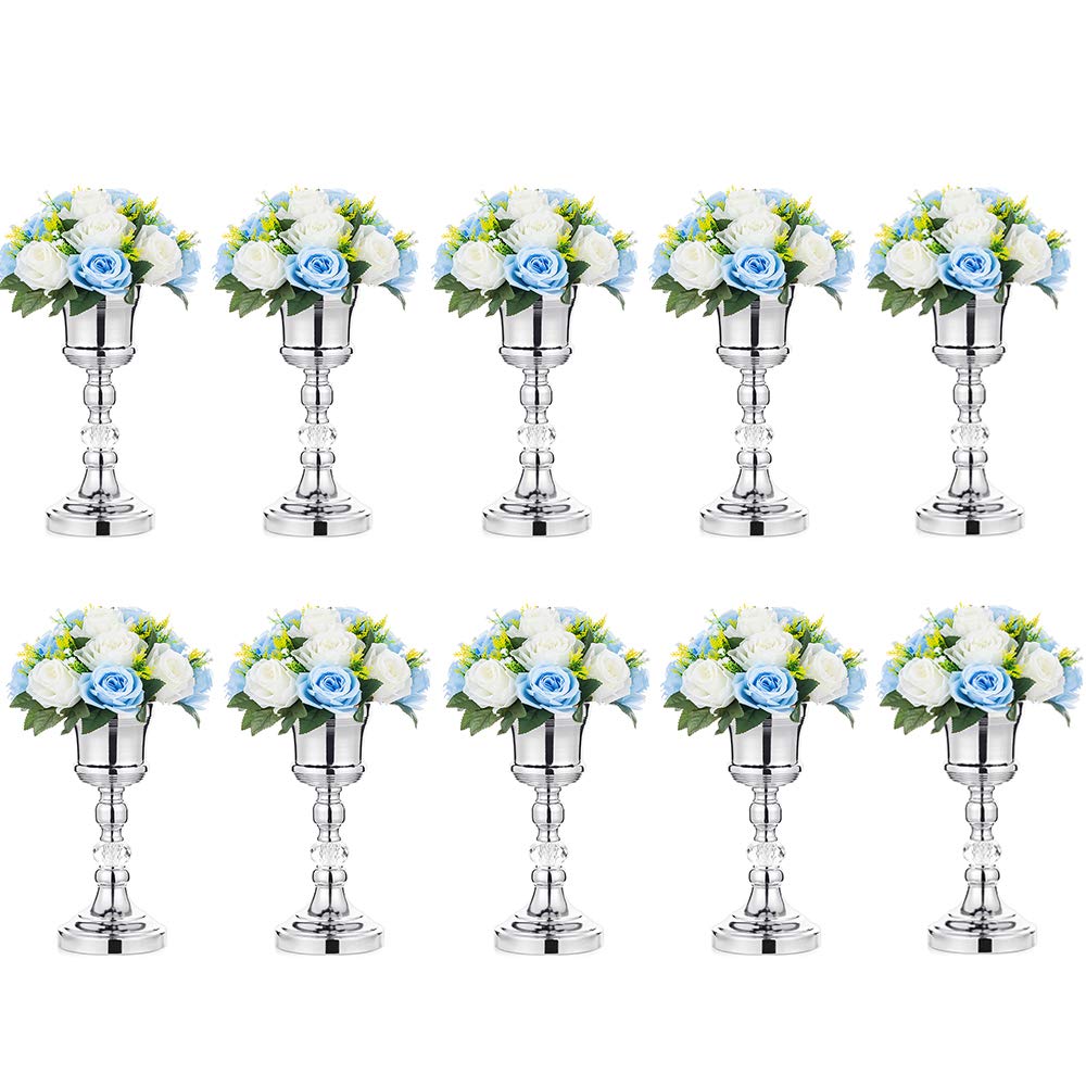 10 Pcs Silver Metal Wedding Flower Trumpet Vase with Crystal - Elegant Table Centerpiece for Wedding, Anniversary, Birthday Party Decor - Perfect for Aisle Arrangements & Home Decoration