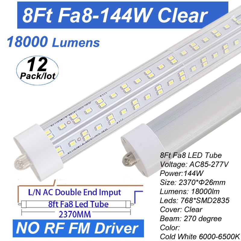 8Ft LED Ballast Bypass Bulbs - 144W Single Pin FA8 F96T12 LED Replacement for T8 T12 T0 Tube Lights - 6500K Daylight White, Clear Cover, No RF/FM Interference (12 Pack) - Perfect for Warehouses, Garages, and Commercial Lighting