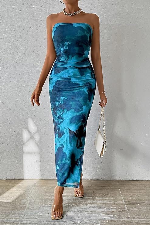 Elegant Strapless Bodycon Long Dresses for Women - Summer Formal Wedding Guest Dress with High Slit, Club & Beach Party Outfit | Perfect for Cocktail Parties, Evening Events & Vacation Wear