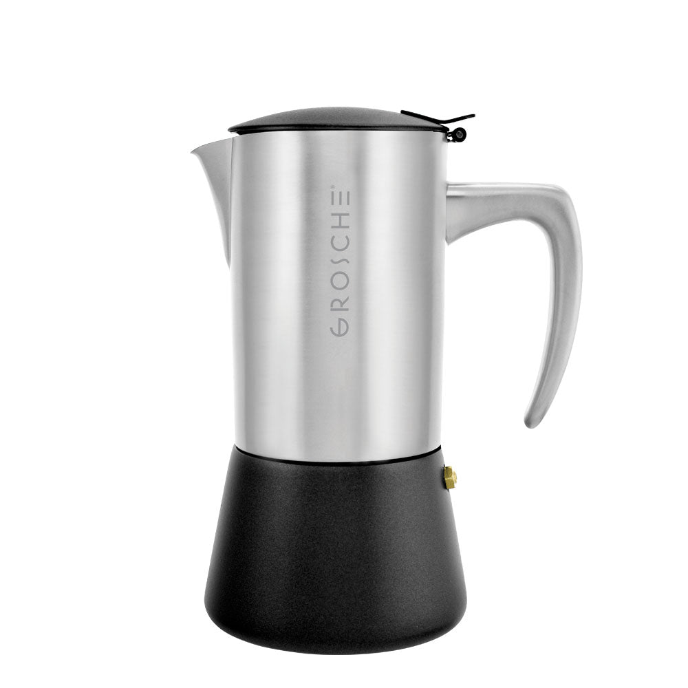 Grosche Milano Stainless Steel Stovetop Espresso Maker - 6 Cup (10.1 fl oz) Capacity, Brushed Finish - Perfect for Home Coffee Brewing & Camping Trips