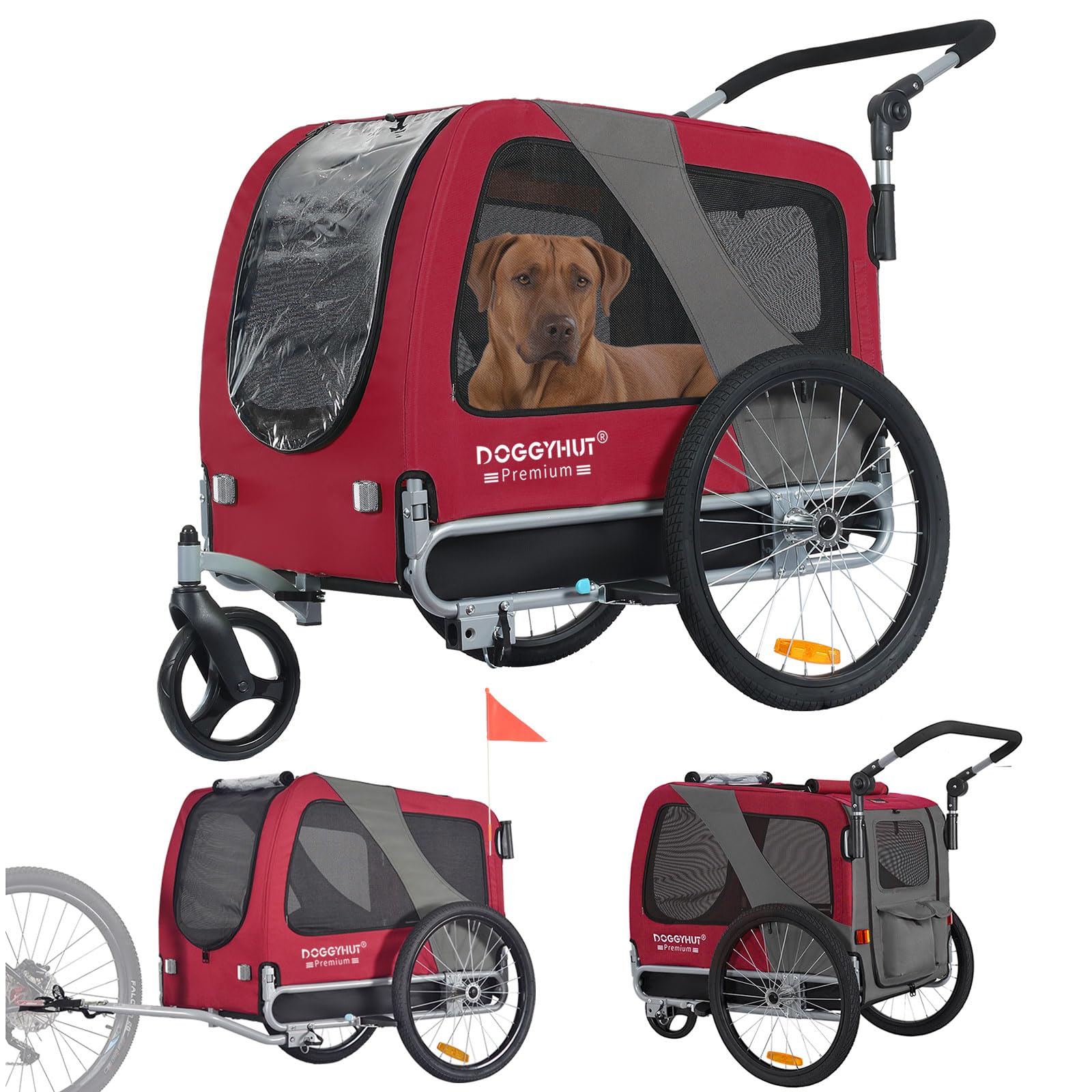 DOGGYHUT® Premium Large/XL Pet Bike Trailer & Stroller - Heavy Duty Bicycle Carrier for Large Dogs or Multiple Small Pets - Low Center Gravity, Parking Brakes, Easy Fold Frame - Perfect for Cycling, Jogging, Park Outings & Outdoor Adventures