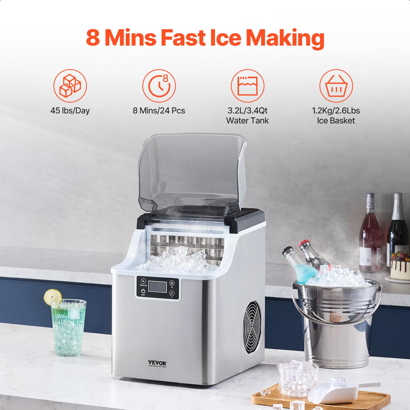 VEVOR Countertop Ice Maker - 24 Cubes in 15 Mins, 45lbs Daily, Self-Cleaning Portable Ice Machine with Scoop & Basket, 3 Ice Cube Sizes for Home, Kitchen, Office, Party & Outdoor Events