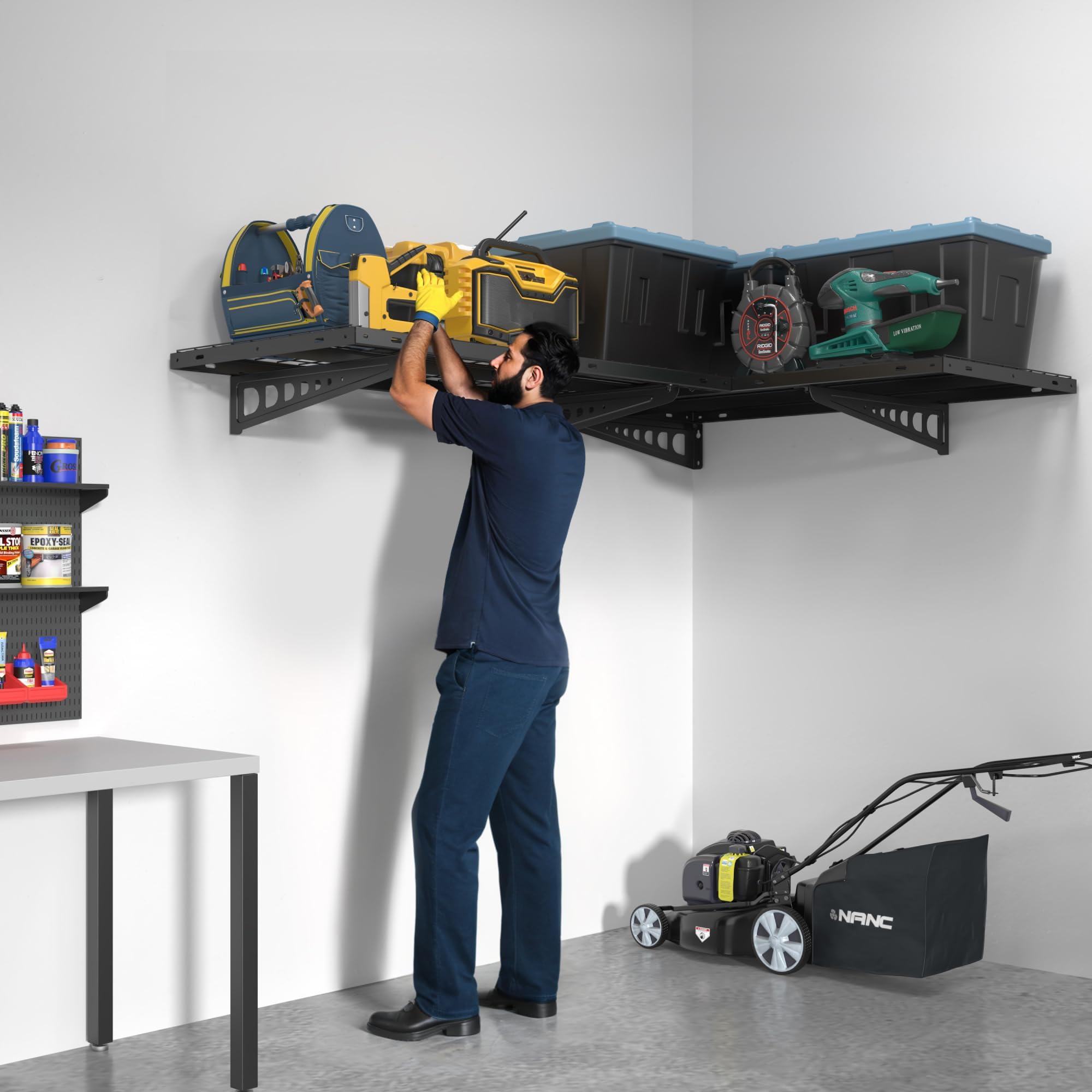 FLEXIMOUNTS 2 Pack 2x4ft Corner Wall Shelves - Heavy Duty Garage Storage Rack, 24x48 Inch Floating Shelves with 440lbs Total Weight Capacity, Black - Perfect for Garage, Basement, Workshop & Home Organization