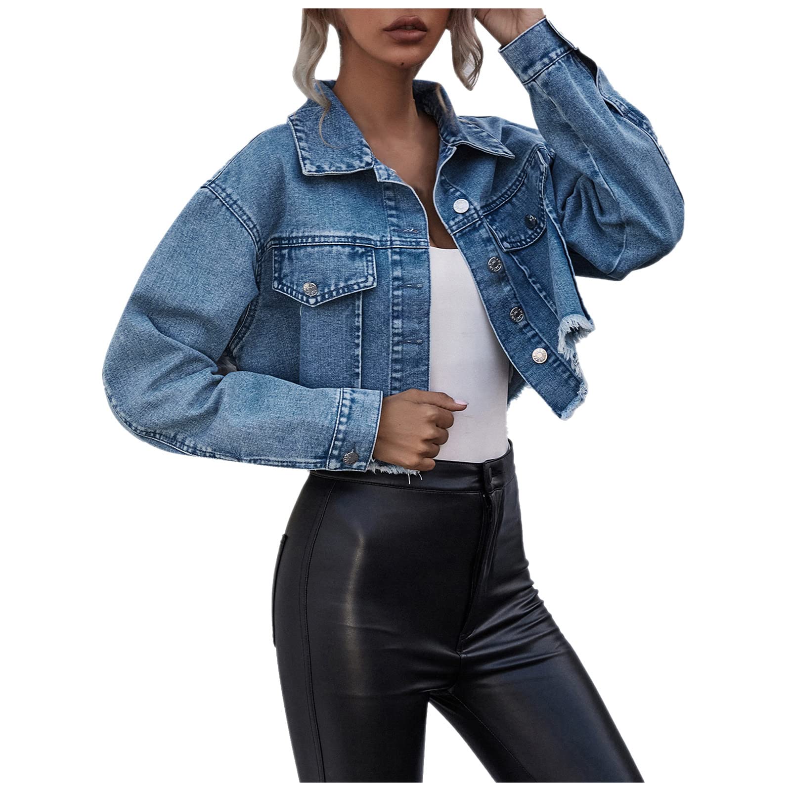 Trendy Women's Slim Fit Denim Jacket - Solid Blue Crop Jean Coat with Lapel Collar for Spring & Fall | Casual Button Down Outerwear for Street Style & Weekend Outfits