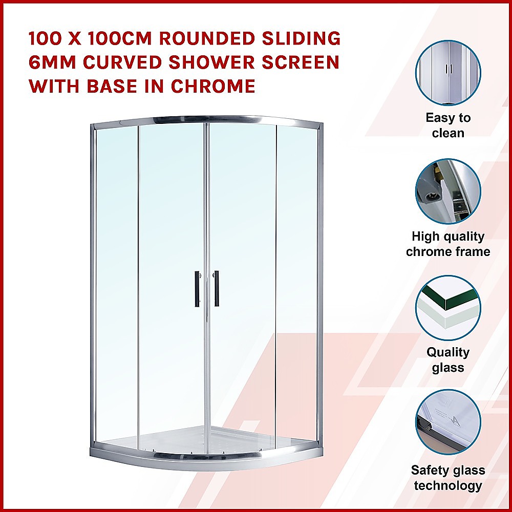 100 x 100cm Chrome 6mm Rounded Sliding Curved Shower Screen with Base - Perfect for Modern Bathrooms & Spa-Like Showers