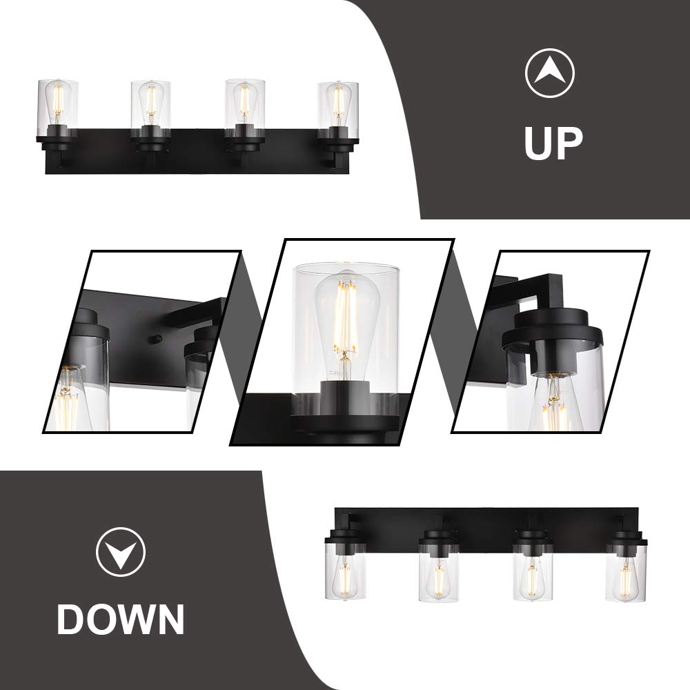 MELUCEE 4-Light Farmhouse Vanity Lights - Black Industrial Wall Mount Bathroom Mirror Lighting with Clear Glass Shade - Perfect for Bedroom, Kitchen, Hallway & Bathroom Decor