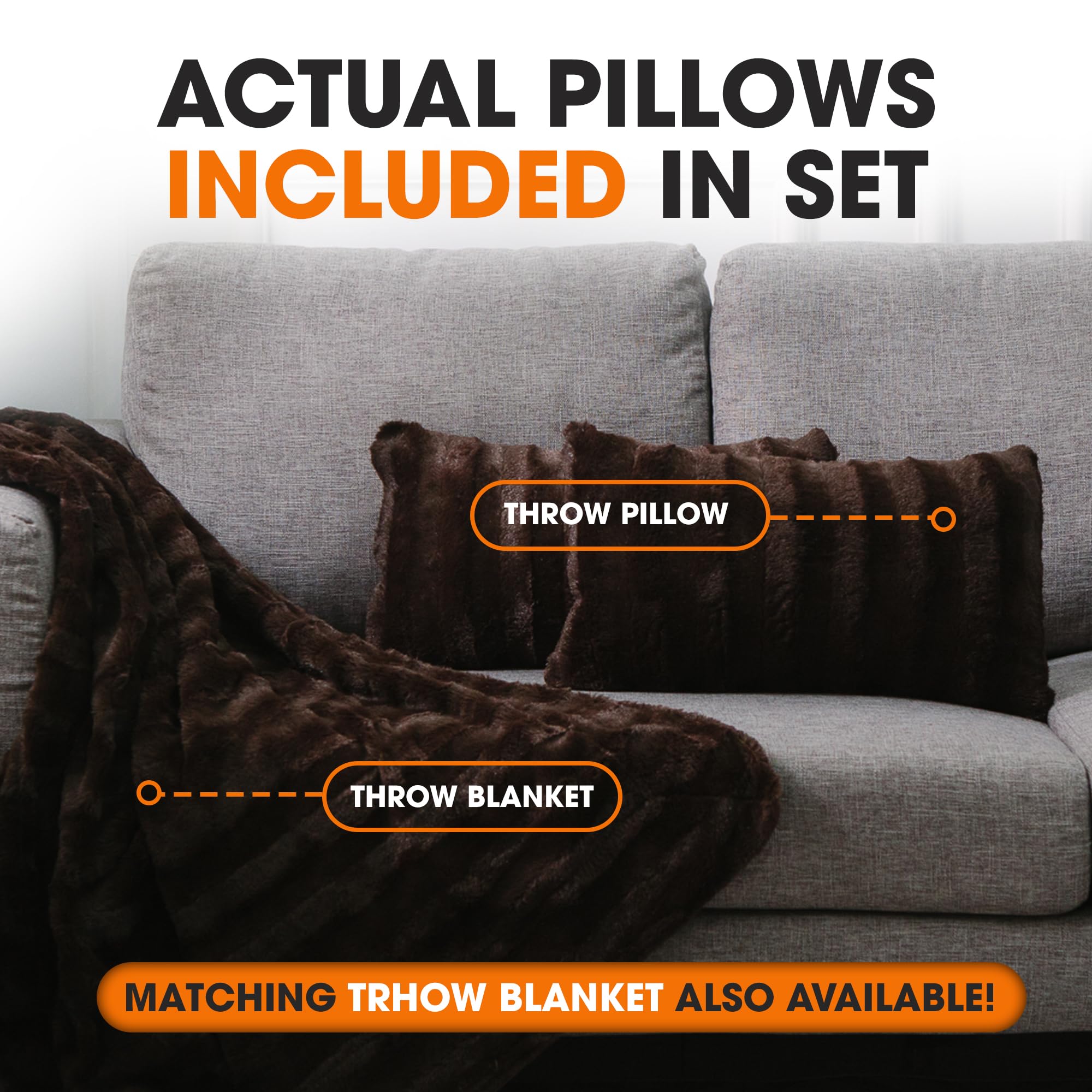 Luxury Faux Fur Throw Pillows Set of 2 - Soft Decorative Couch & Bed Pillows (12