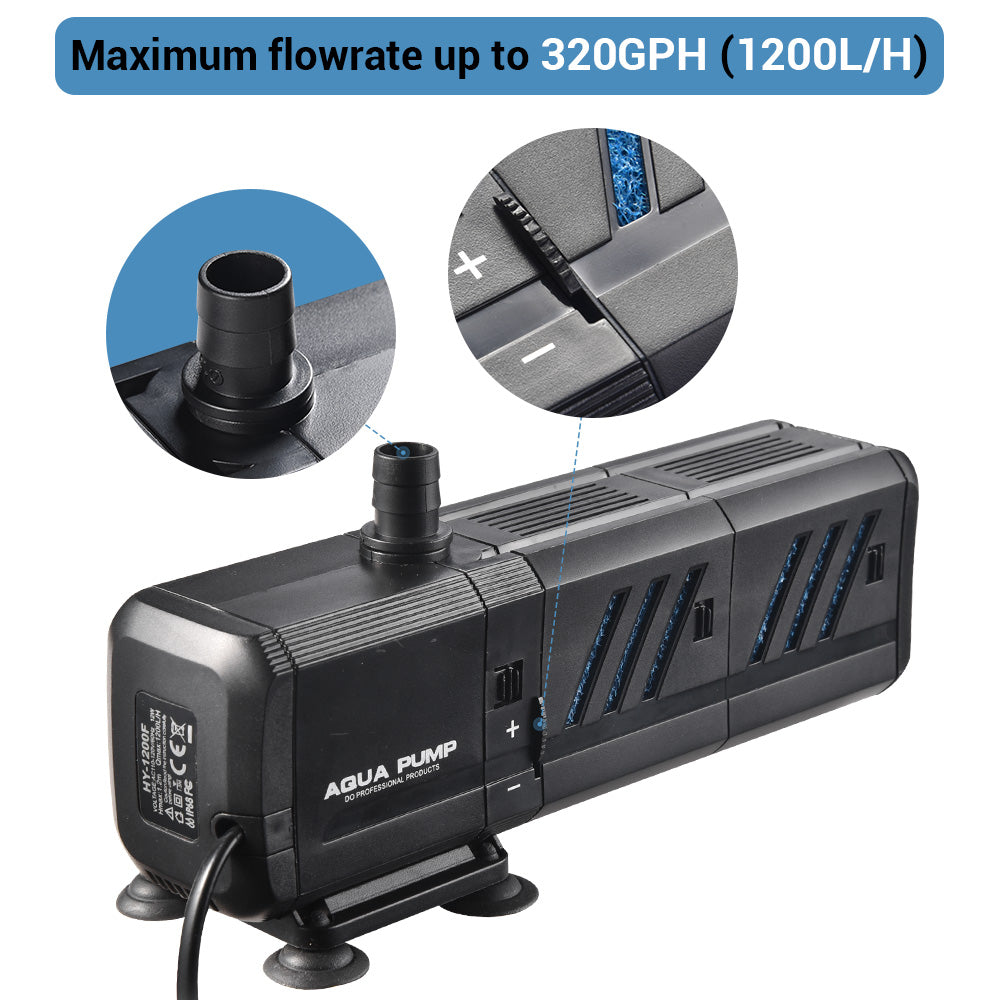 4-in-1 Internal Fish Tank Filter for 75 Gallon Aquarium - 12W 320GPH Submersible Water Pump with Adjustable Flow - Perfect for Freshwater & Saltwater Tanks, Fish Breeding, and Aquatic Plant Care
