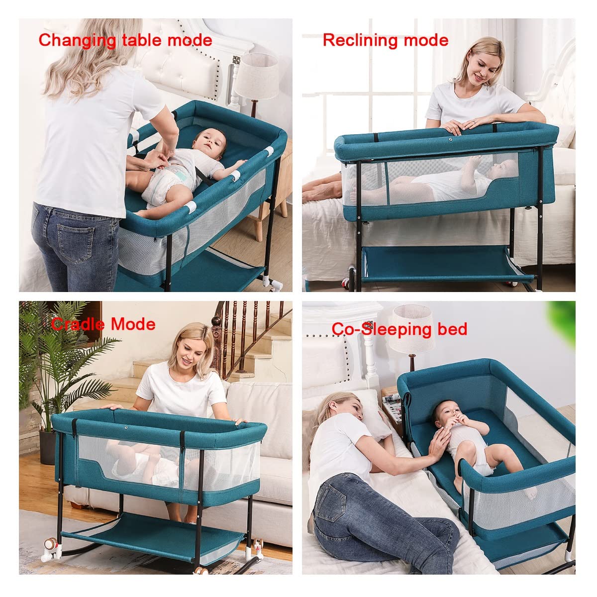 Portable Adjustable Height Bedside Crib Co-Sleeper with Wheels & Mosquito Net - Safe Nursery Bed for Babies 0-24 Months - Perfect for Bedroom Co-Sleeping & Travel (Green)