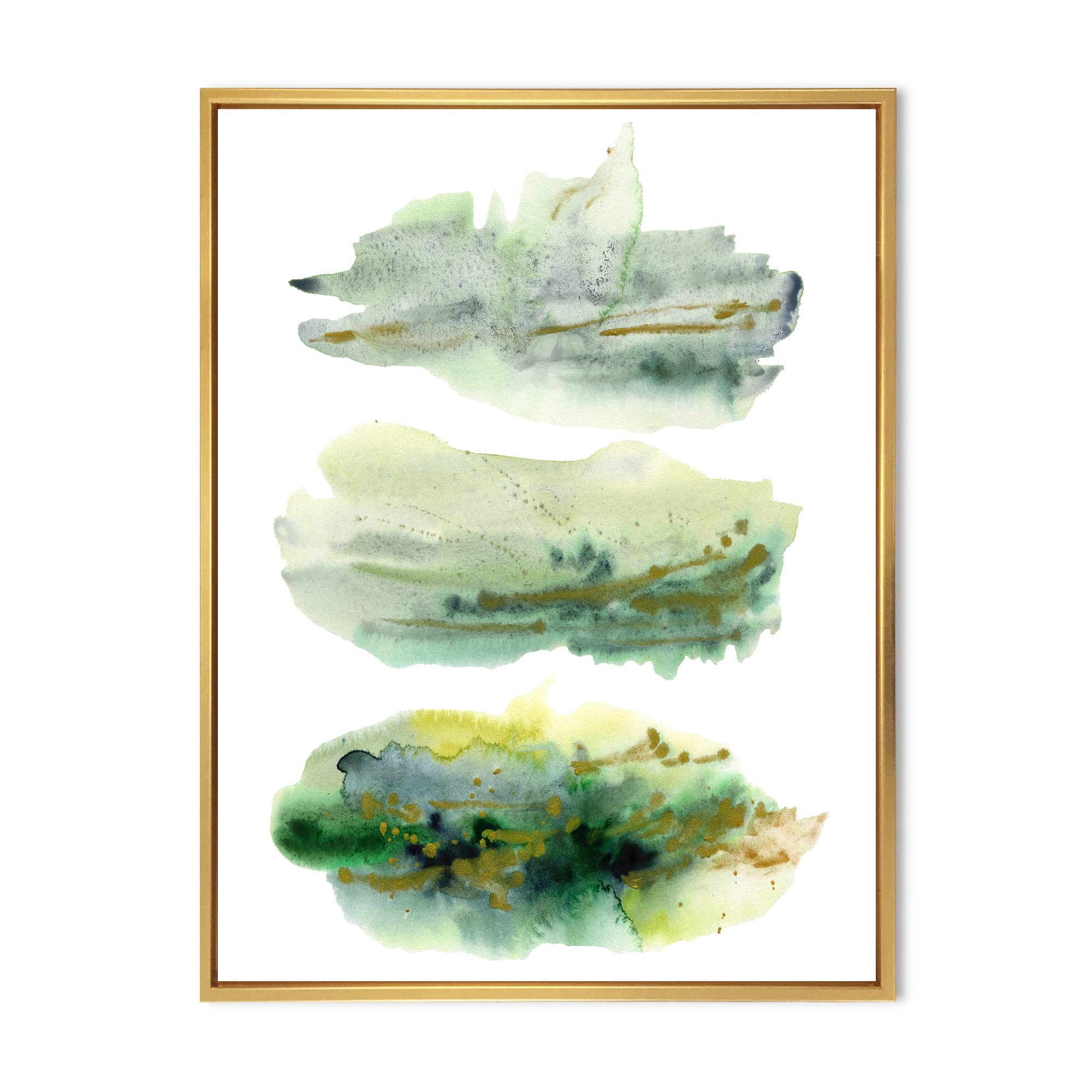 DesignQ Golden Green Abstract Clouds With Blue Points II - Modern Framed Canvas Wall Art Print for Living Room, Bedroom & Office Decor