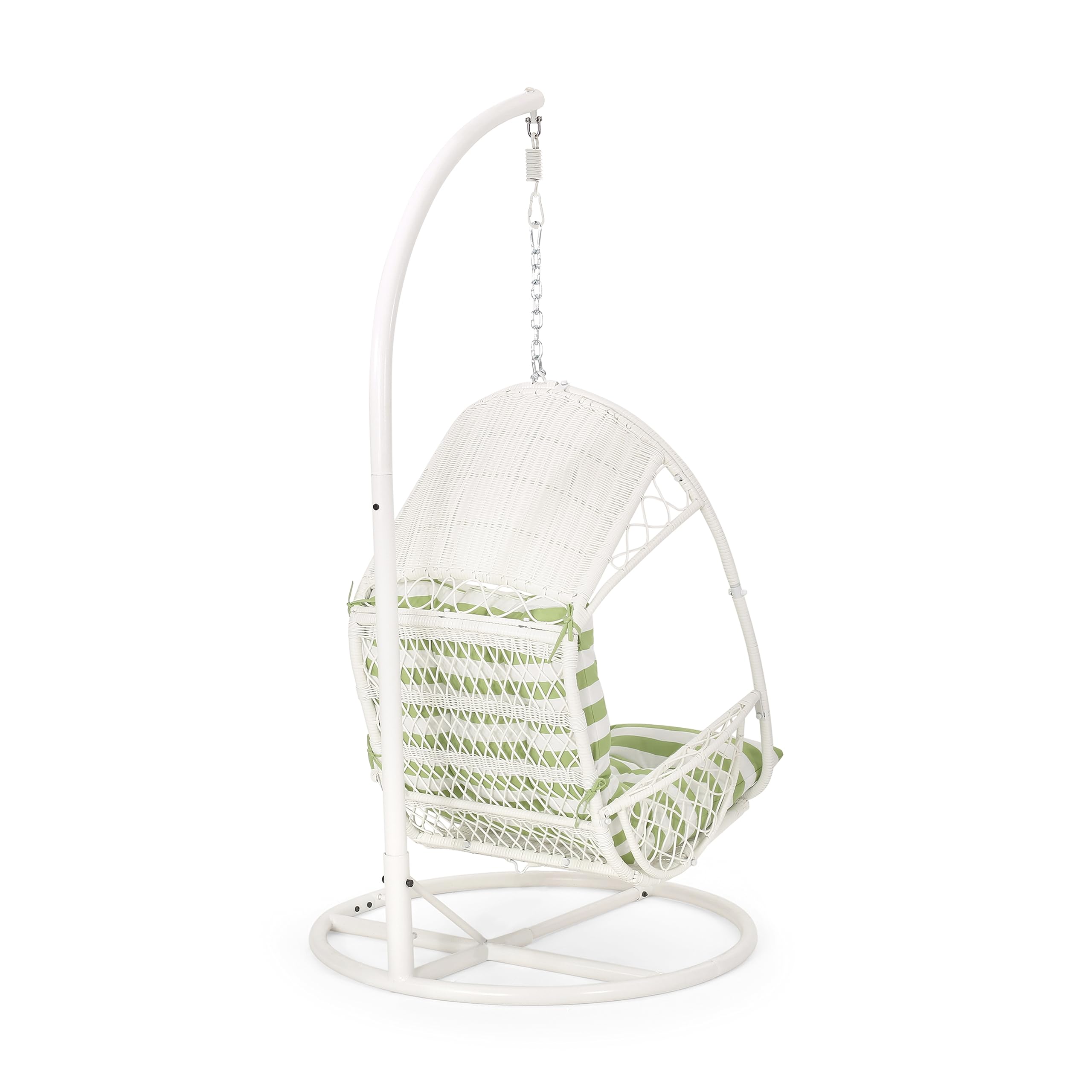 Christopher Knight Home Amanda Wicker Hanging Chair with Stand - White & Green Rattan Swing Chair for Indoor/Outdoor Use - Perfect for Patio, Garden, or Nursery Relaxation