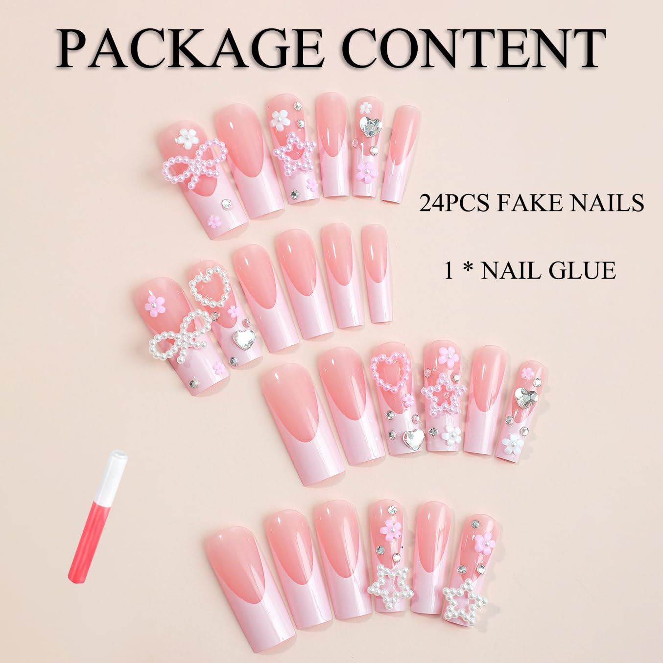 MERVF 24pcs Long Square Press on Nails - Pink French Tip Fake Nails with Charms & Rhinestones, Glossy False Nails for Women, Cute Squoval Artificial Nails for Party, Wedding, Date Night & Special Occasions