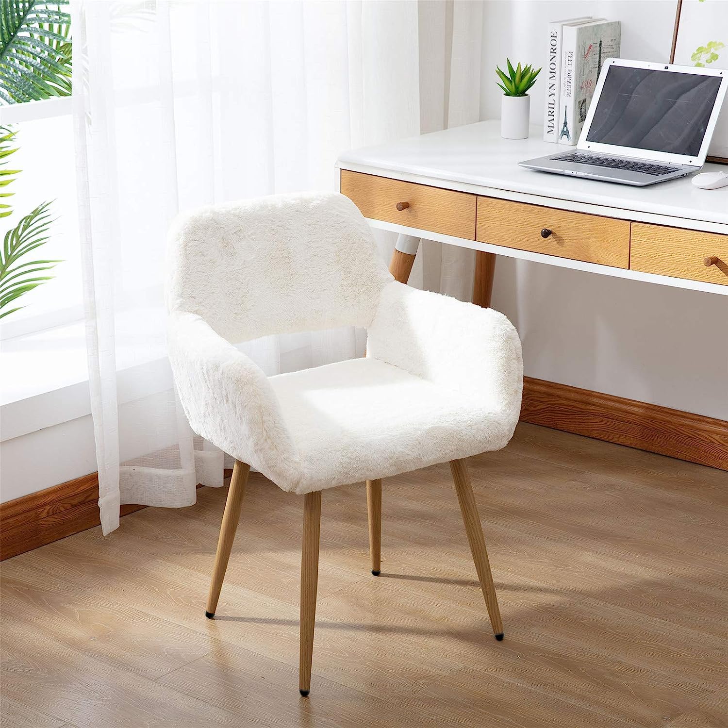 Luxury White Faux Fur Office Chair with Wood Finish Metal Legs - Soft Fluffy Vanity Chair for Girls & Teens - Perfect for Home Office, Makeup Desk, Dining Room & Study Area
