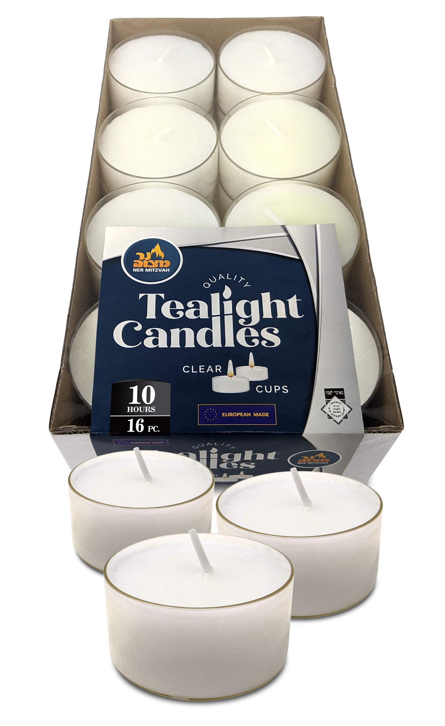 Ner Mitzvah Tea Light Candles - 16 Pack White Unscented Long Burning Tealights (10 Hour Burn Time) for Hanukkah, Shabbat, Weddings & Home Decor