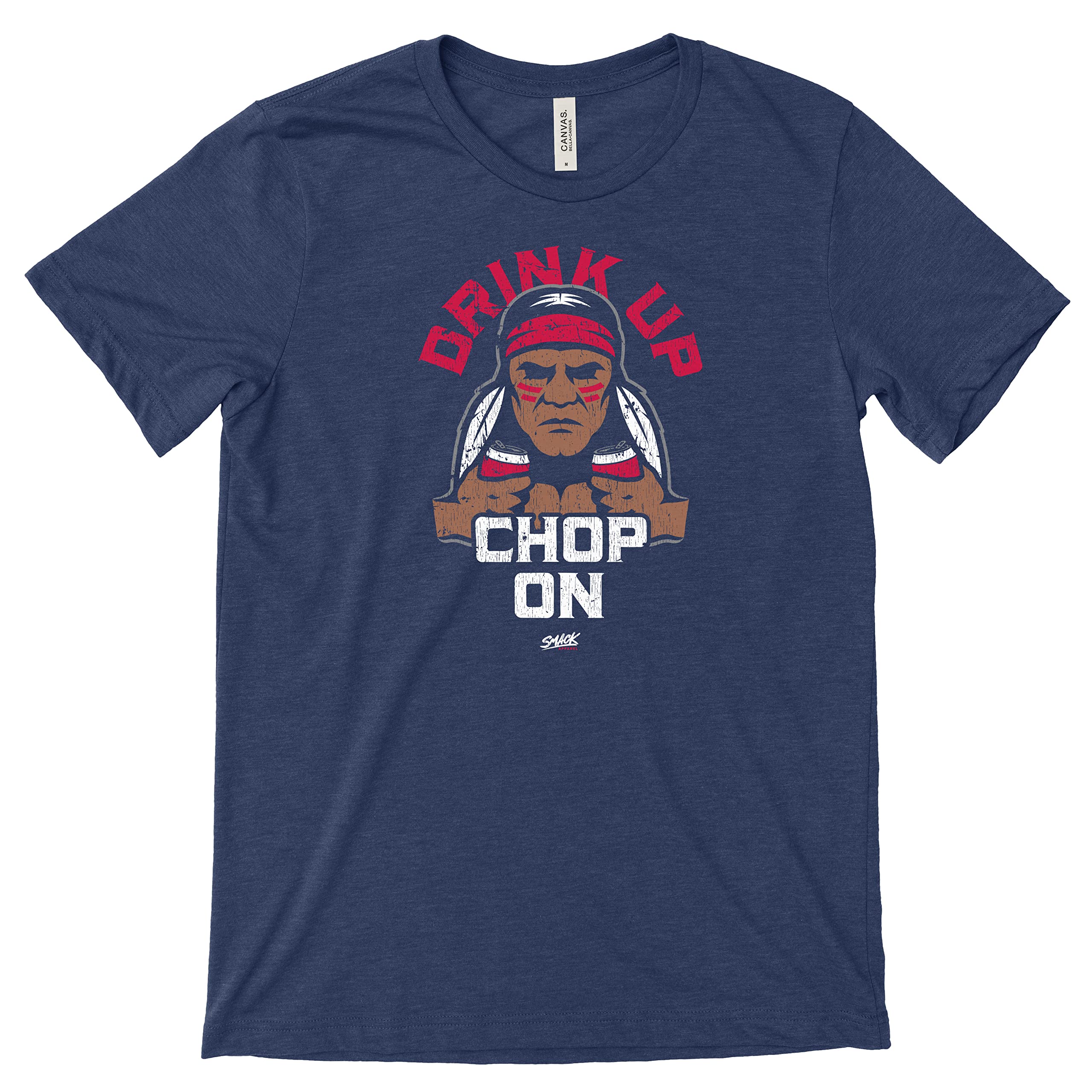 Atlanta Braves Baseball Fan T-Shirt - 'Drink Up Chop On' Bella Heather Navy Tee (S-5XL) - Perfect for Game Day, Tailgating & Braves Pride