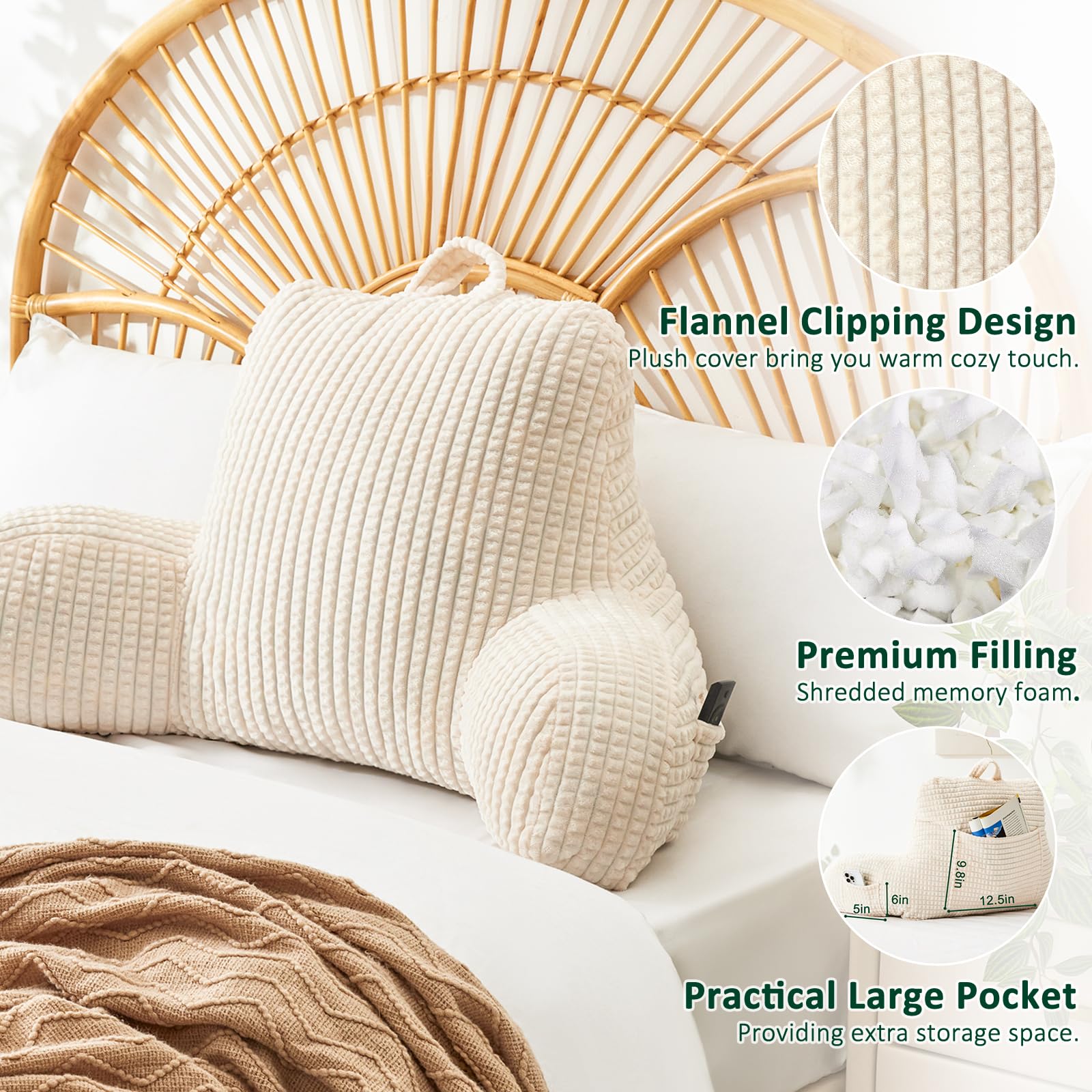 Love's Cabin Memory Foam Reading Pillow with Arms & Pockets - Back Support Pillow for Bed, Couch & Chair - Perfect for Reading, Watching TV & Relaxing - Beige