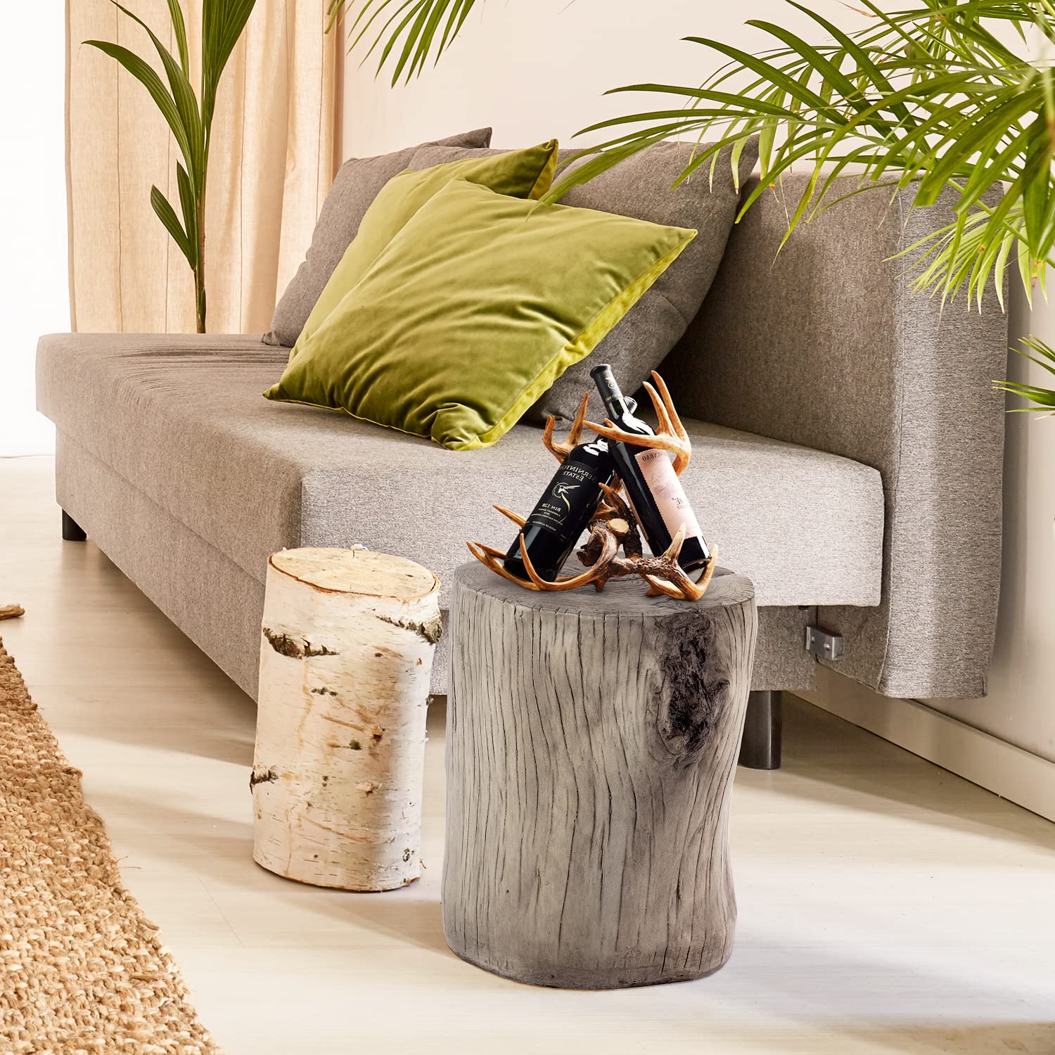 SUNBURY Concrete Stump Side Table - Faux Wood Coffee Table & Log End Table - Light Grey Patio Stool with Plant Stand - Perfect for Garden, Living Room & Outdoor Decor