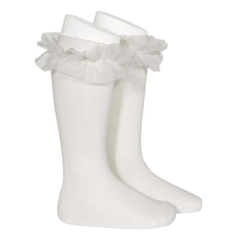 Ivory Tulle Knee High Socks for Women - Elegant Lace Trim Bridal Wedding Party Stockings - Perfect for Special Occasions, Cosplay & Vintage Outfits