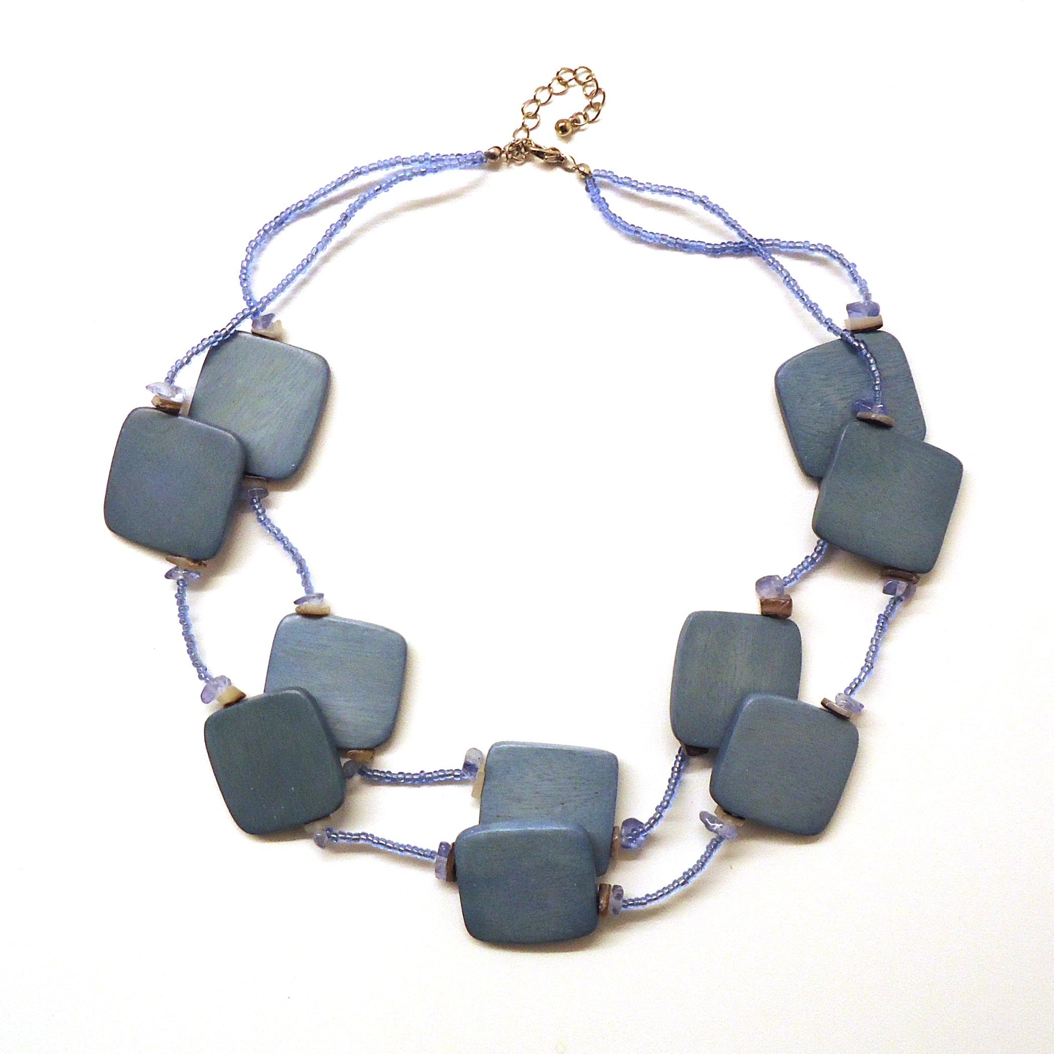 Blue Square Wood Bead Necklace for Women - Boho Chic Handmade Jewelry for Casual Wear & Layering