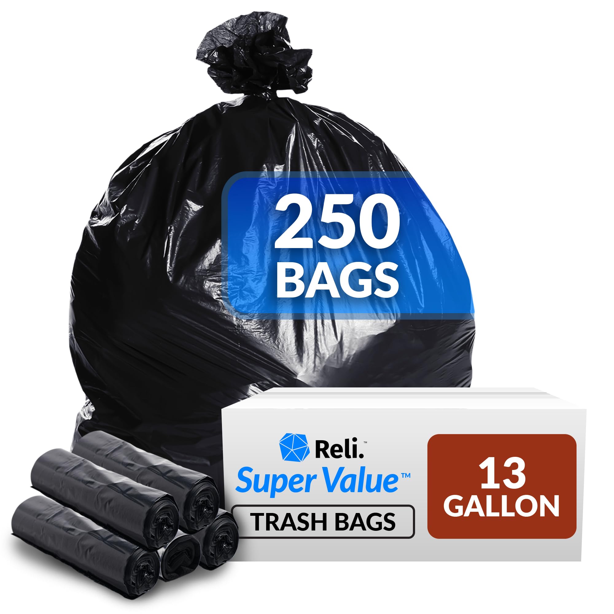 Reliable 13 Gallon Trash Bags - 250 Count Heavy Duty Tall Kitchen Garbage Bags in Black | Extra Strong & Leak Proof | Perfect for Kitchen, Office & Outdoor Use