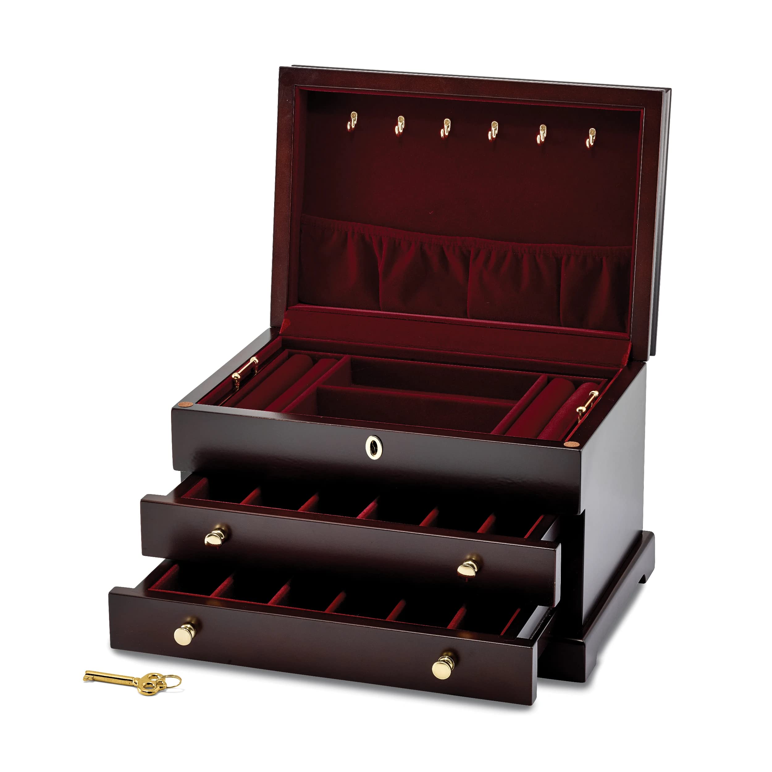 Mahogany Poplar Veneer 2-Drawer Jewelry Box - Elegant Wooden Storage for Necklaces, Rings & Earrings - Perfect for Bedroom Dresser, Vanity or Gift