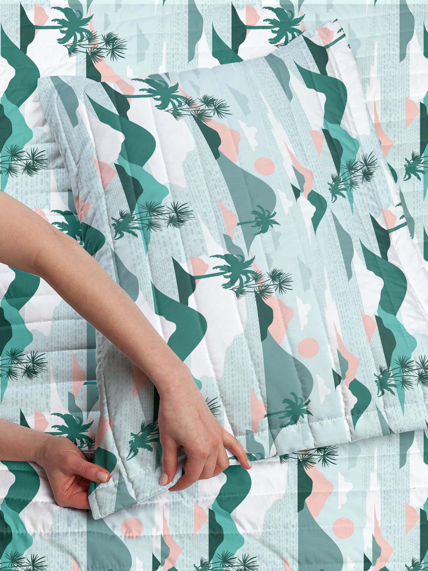 Ambesonne Hawaii Microfiber Bedspread Set - Pastel Palm Trees & Beach Hills Design, Soft Twin Size Bedding with Pillow Sham & Comforter in Teal Blush | Perfect for Beach-Themed Bedrooms, Vacation Homes & Tropical Decor