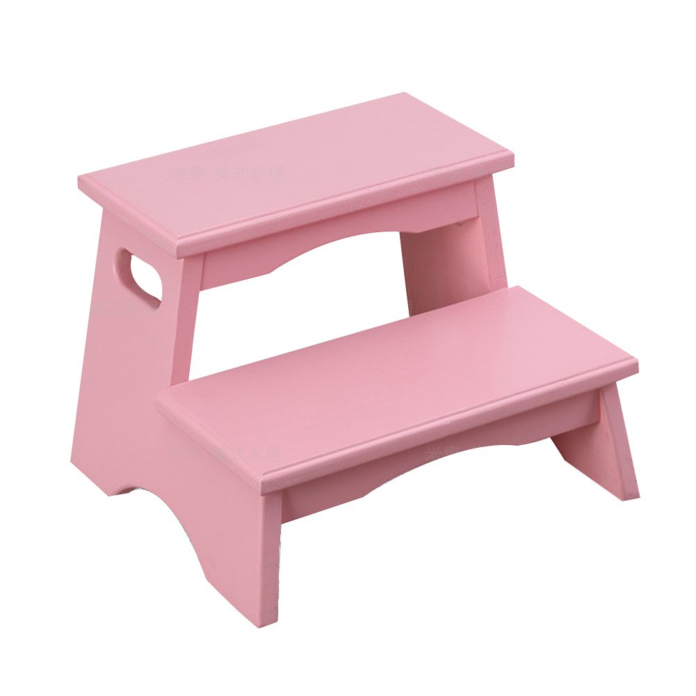 PENGFEI Solid Wood Step Stool - 2 Step Ladder Stool for Kids, Kindergarten, Bathroom & Home - Wash Hands, Shoe Bench - Ash Wood with Non-Slip Surface (Pink) - Perfect for Toddler Independence, Bathroom Safety & Home Organization