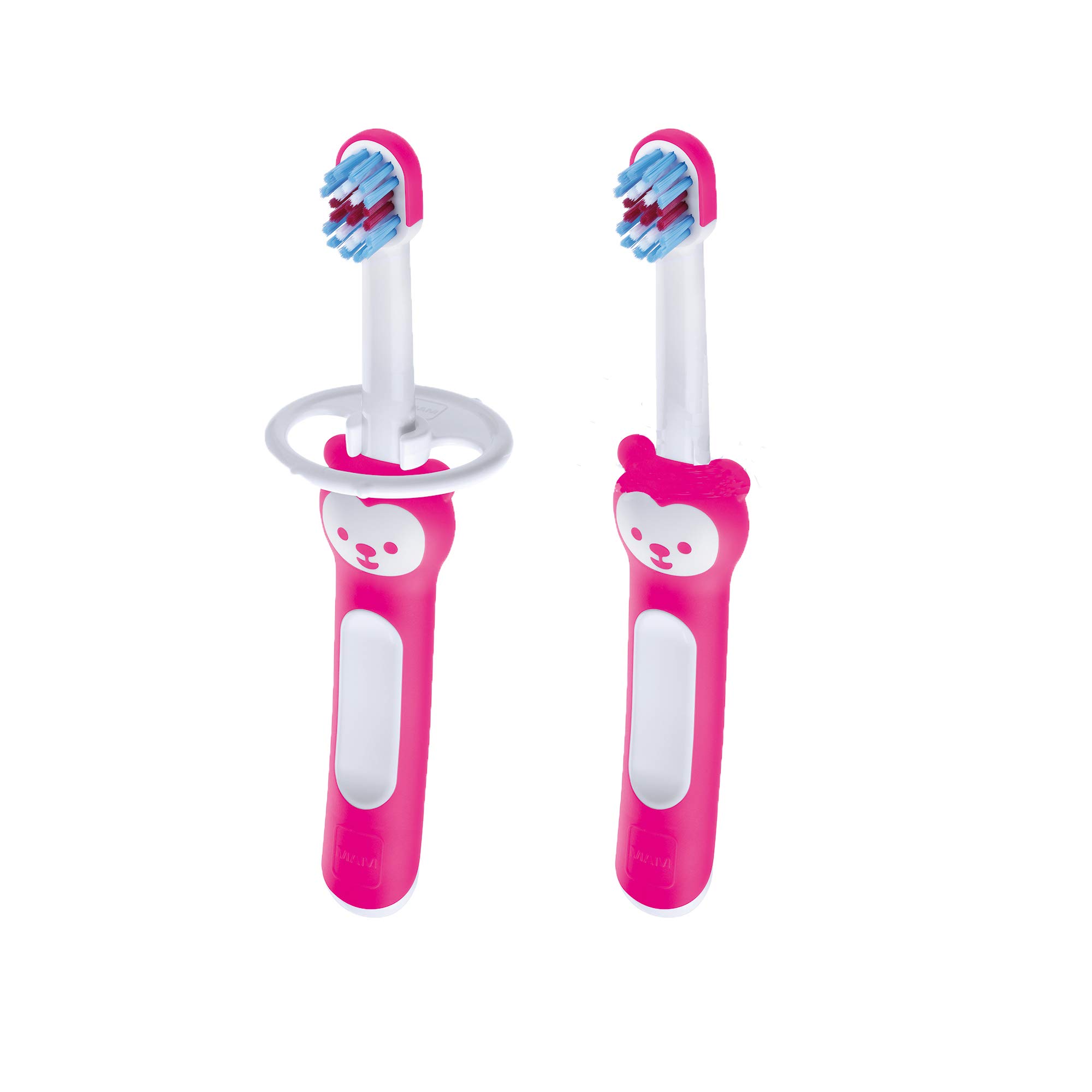 MAM Baby Training Toothbrush Set - 2 Toothbrushes with Safety Shield & Brushy the Bear, Interactive Dental Care App for Girls 6+ Months (Pink) - Perfect for First Teeth Care & Toddler Oral Hygiene Development