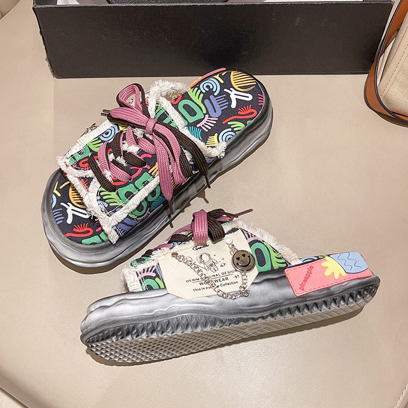 Trendy Women's Summer Platform Mules - Graffiti Print Flip Flops & Street Style Sandals for Casual Wear | Perfect for Beach, Poolside, and Everyday Comfort