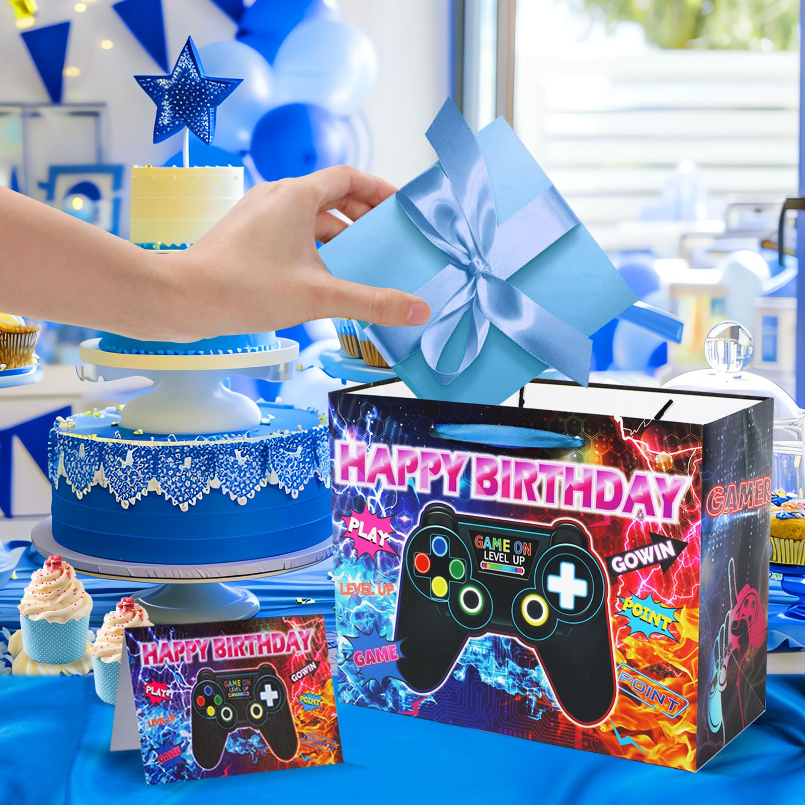 Video Game Themed Birthday Party Decorations - 12 Pack Gaming Favor Bags with Happy Birthday Tissue Paper & Greeting Cards for Boys & Girls | Perfect for Gamer Birthday Parties, Christmas Celebrations & Gaming Events