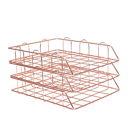 JIAli 3-Tier Rose Gold Metal Stackable Desktop File Organizer - Horizontal Letter Tray, Paper Holder & Document Rack for Office Organization - Perfect for Home Office, School, and Workspace Efficiency