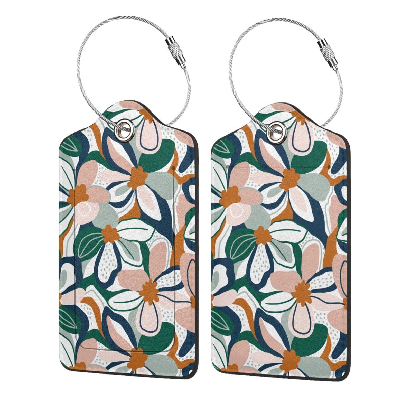 Boho Leaves Floral Abstract 2-Pack Leather Luggage Tags with Stainless Steel Loop & Privacy Cover - Personalized Name ID Labels for Suitcases - Perfect Travel Accessories for Women & Men (Ideal for Airports, Vacations & Business Trips)