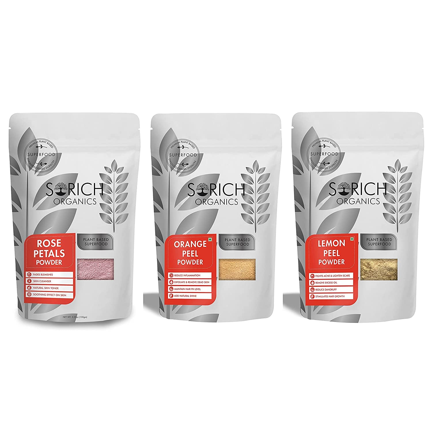DKM Sorich Organics Natural Rose Petals Powder, Lemon Peel Powder & Orange Peel Powder Combo - 300g (3x100g) Organic Skin Whitening Face Pack for Glowing & Fair Skin | DIY Beauty, Facial Masks & Natural Skincare Routine