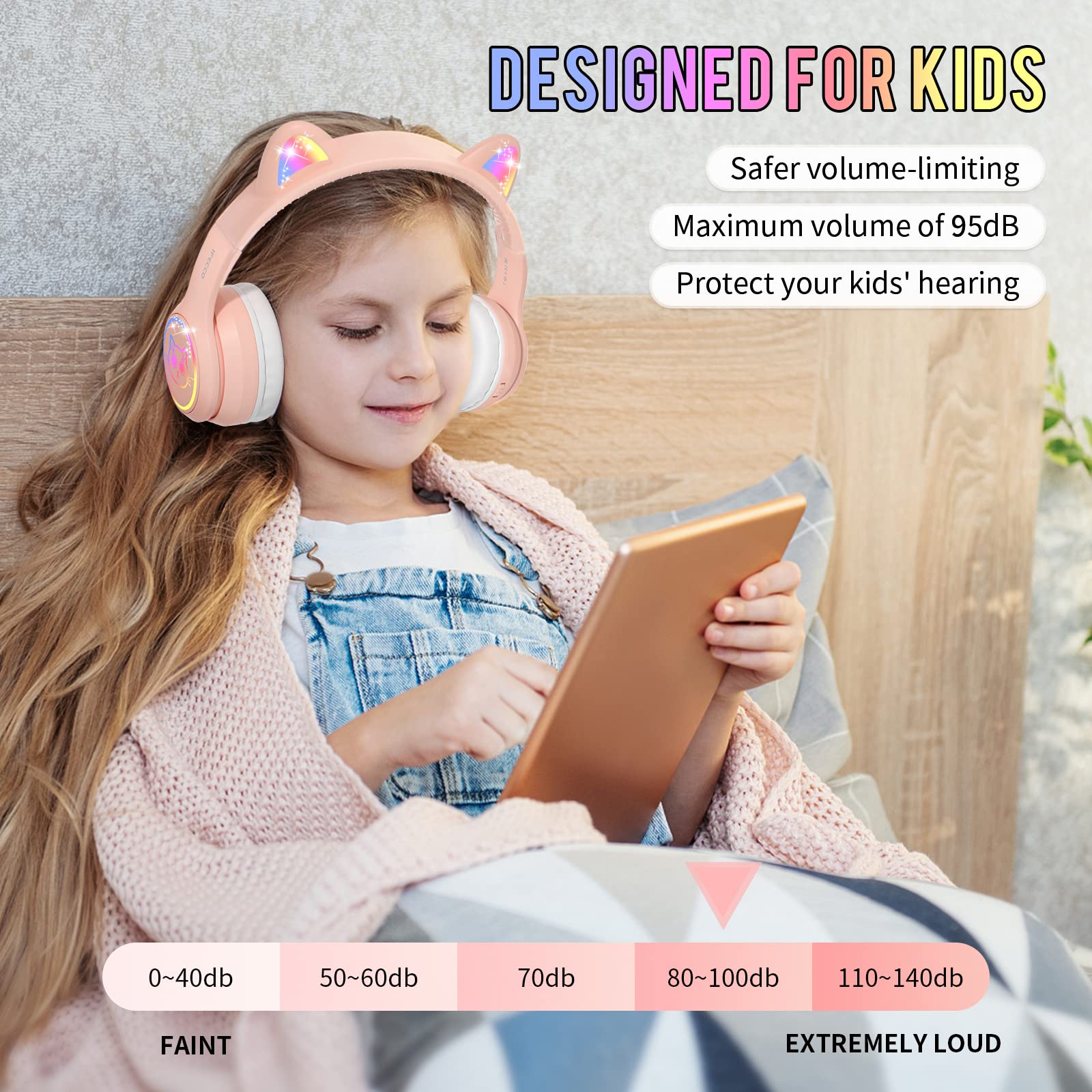 iFecco Kids Wireless Bluetooth Headphones with Microphone & LED Lights - Safe Over-Ear Headphones for Children, Toddlers & Cats - Includes Carrying Case - Perfect for Online Learning, Gaming & Travel