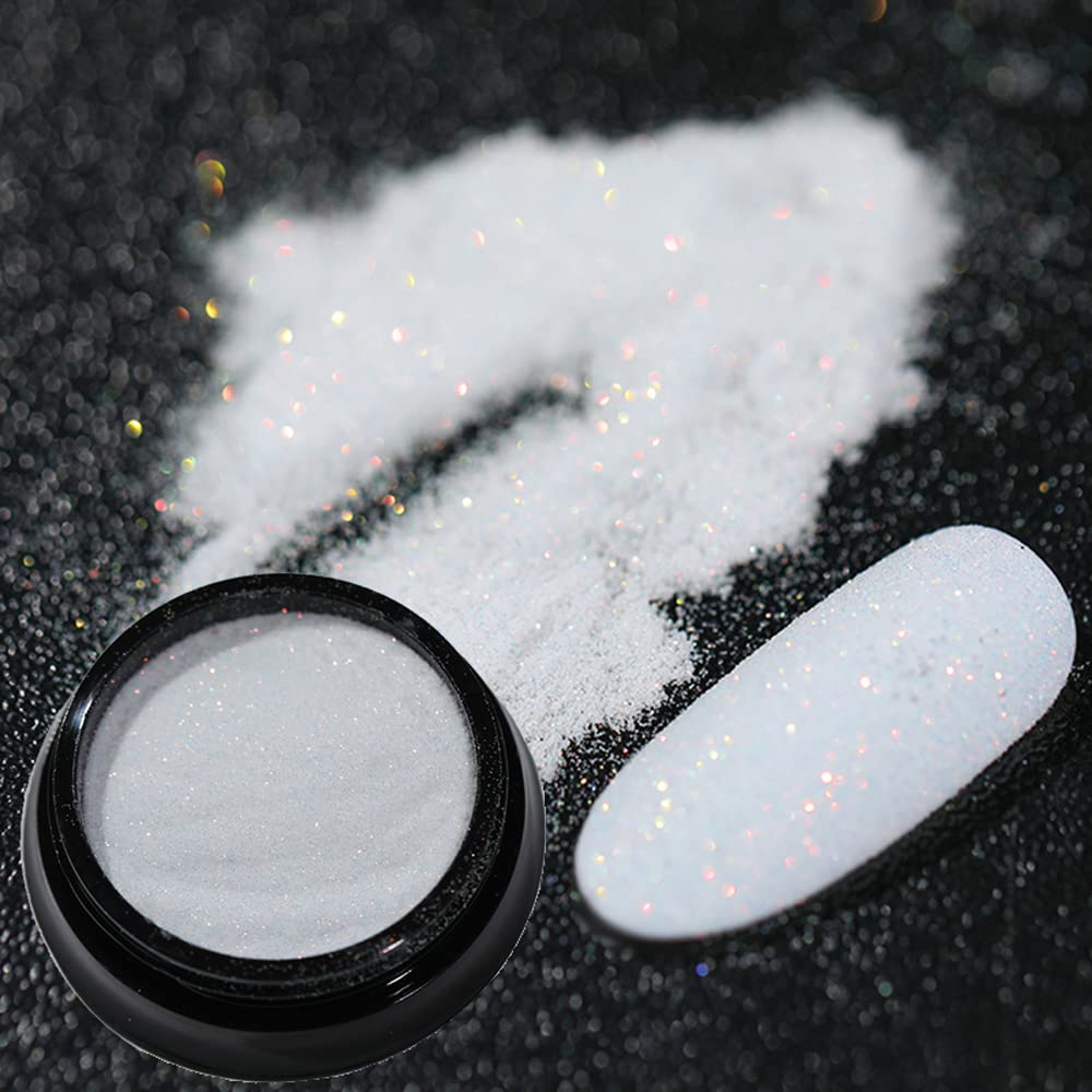 6 Jars Iridescent Nail Glitter Powder - White Glitter Flakes & AB Sequins for Nail Art | Ultra Shine Sparkle Pigment | DIY Manicure, Pedicure, Gel Polish & Acrylic Nails | Perfect for Parties, Weddings & Special Occasions