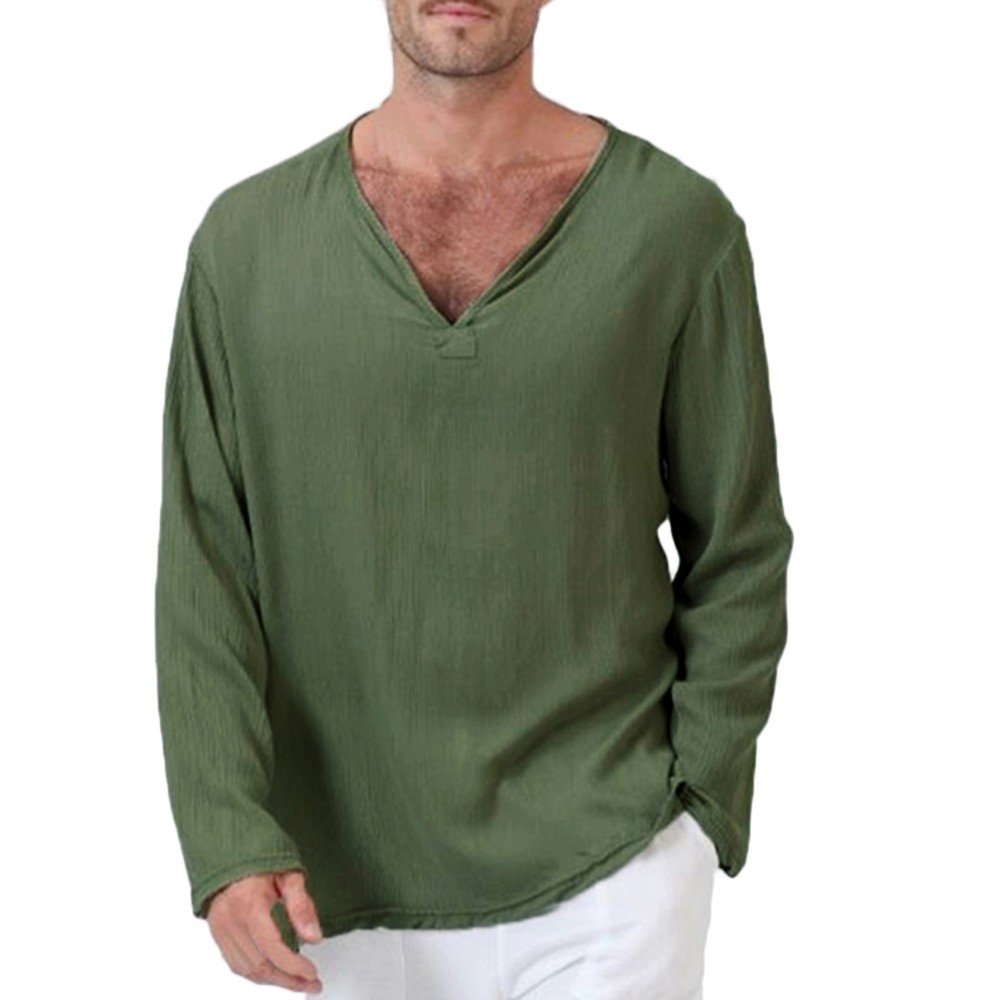 XXBR Men's Long Sleeve V-Neck Cotton T-Shirt - Solid Color Hippie Style Casual Shirt, Plus Size Wrinkle-Resistant Comfortable Beachwear | Perfect for Festival, Vacation & Everyday Wear