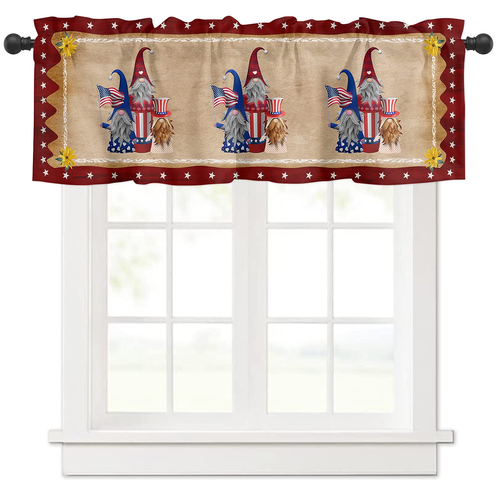 Washable Window Valance Curtain Panel - 54 x 18 Inch Vintage Star Border Design for Kitchen, Bedroom & Living Room | Cute Gnomes Independence Day Theme | Pocket Rod Ready for Small Windows | Perfect for Holiday Decor & Everyday Home Decor