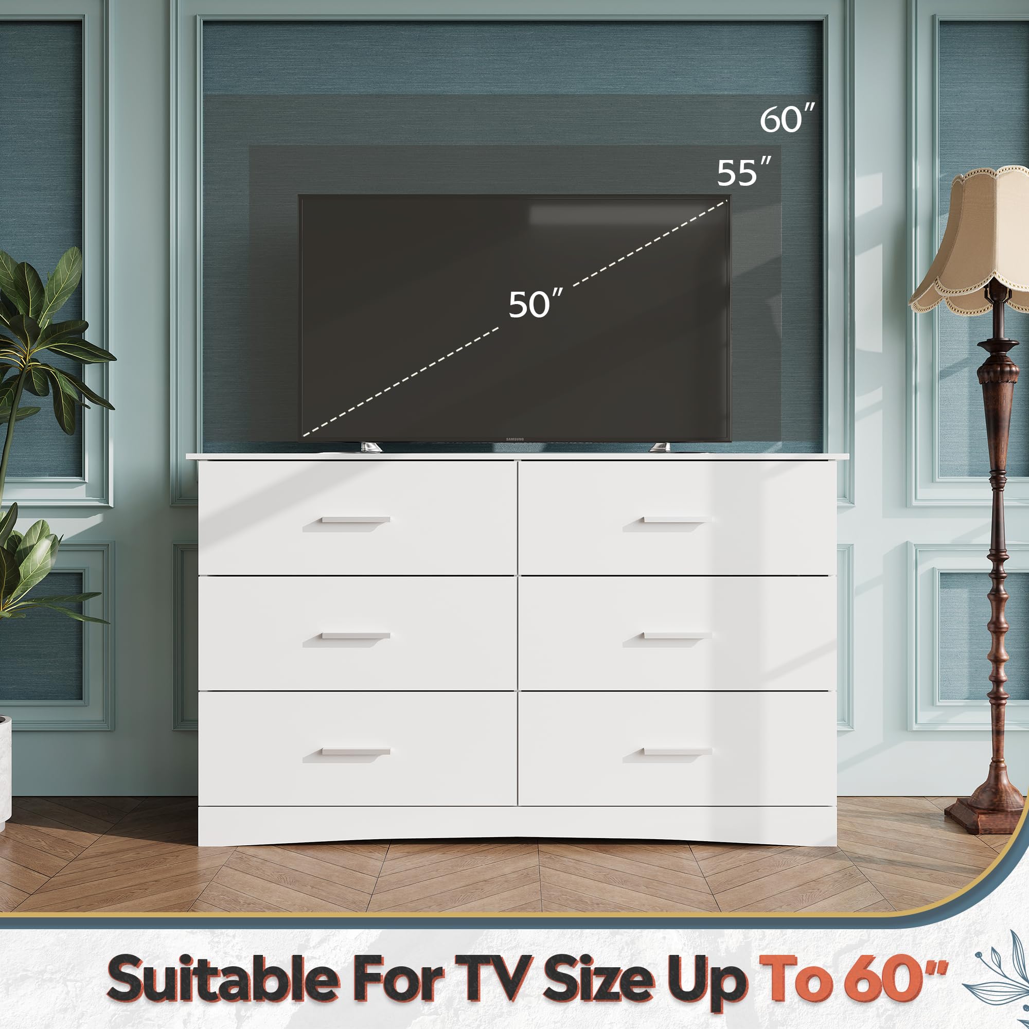 WLIVE 6-Drawer Wood Dresser for Bedroom - White Modern Minimalist Chest of Drawers, Large Storage Tower Unit with Wide Drawers | Bedroom Closet Organizer, Living Room & Hallway Storage Solution