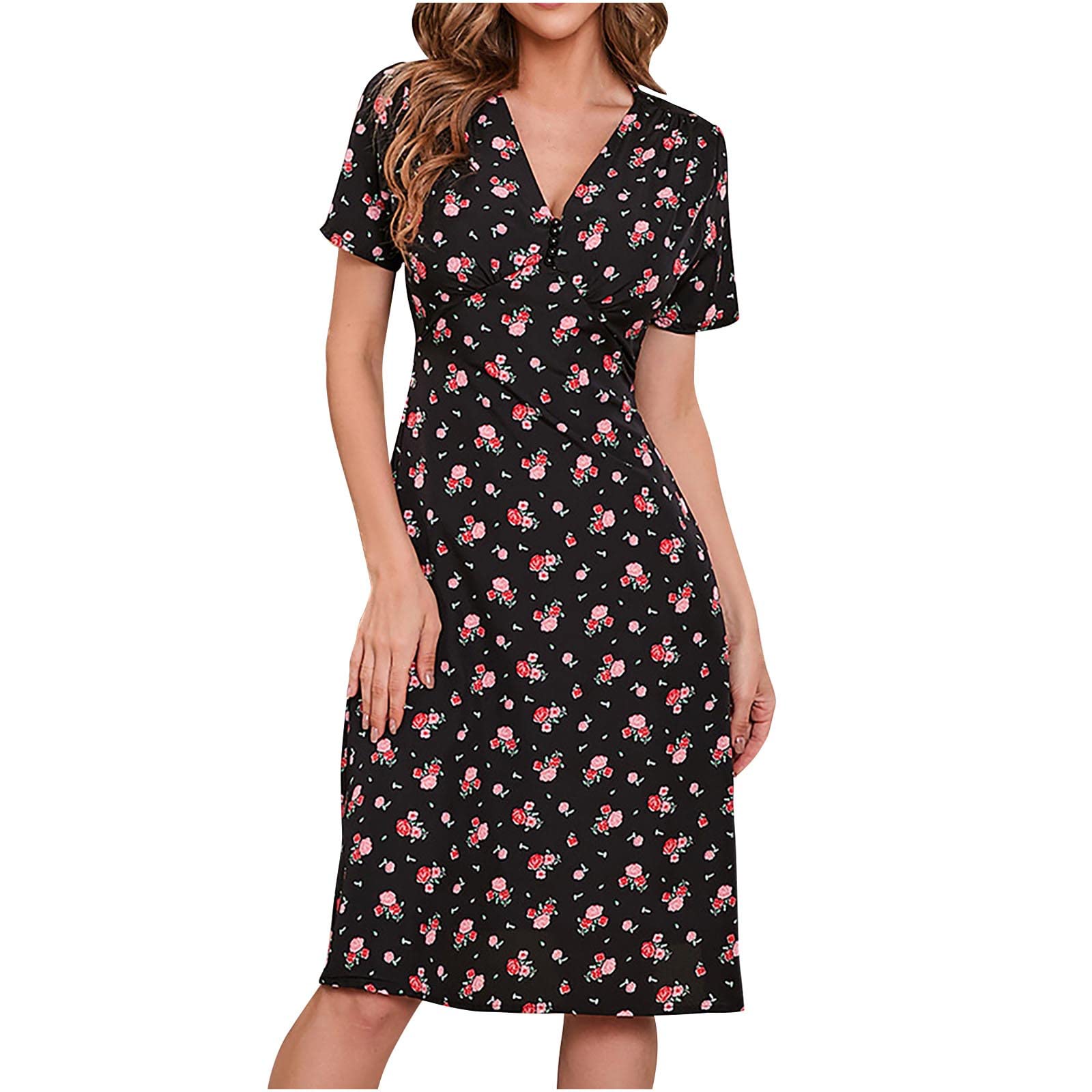 Women's Floral Printed V-Neck Short Sleeve Boho Midi Dress - Casual Summer Beach Party Dress in Black | Perfect for Vacations, Outdoor Events & Boho Chic Style