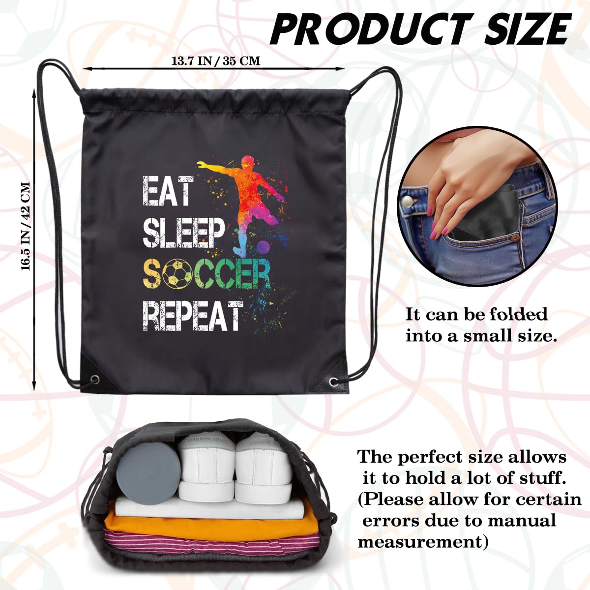 Waterproof Soccer Drawstring Backpack - Sport Sackpack for Men & Women | Perfect Gift for Soccer Lovers & Fans | Great for Training, Games, Travel & Gym | Funny Birthday & Christmas Present Idea