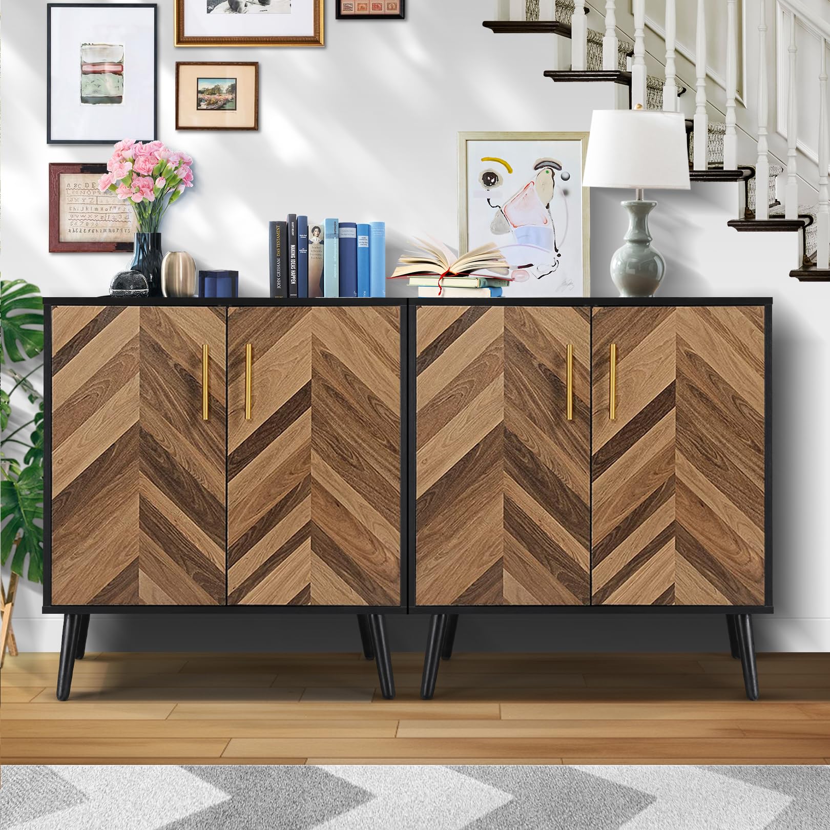 Mid Century Modern Black Accent Cabinet with Doors & Storage Shelves - Small Wood Sideboard Buffet Cabinet for Living Room, Entryway, Office - Brown Herringbone Design - Perfect for Home Decor & Storage Solutions