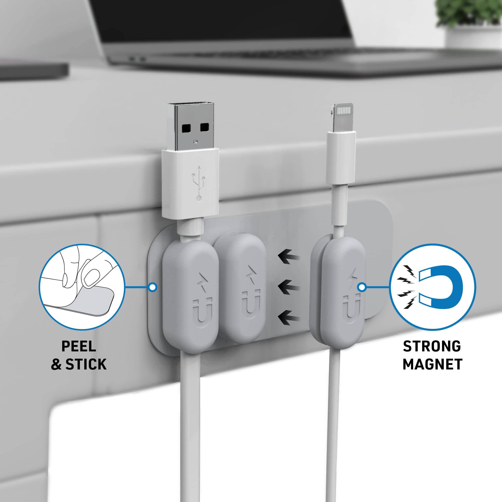 Electraline 71707 Magnetic Cable Clips Set of 5 with Adhesive Metal Strips - Multi-Functional Desk Cable Organizer for Power Cords, USB Charging Cables - Perfect for Home Office, Computer Desk, and Cable Management Solutions