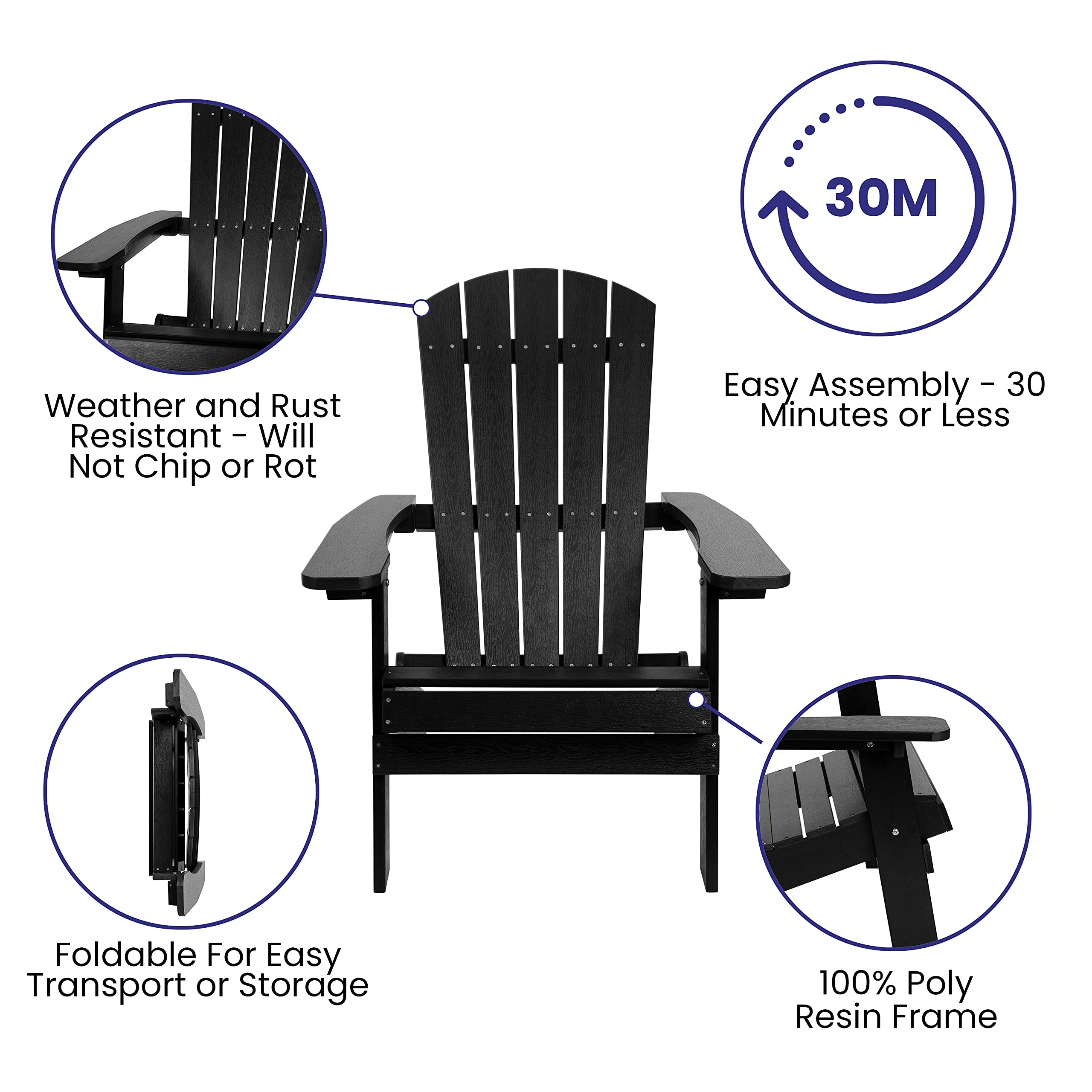 Merrick Lane Riviera Poly Resin Folding Adirondack Lounge Chairs - Set of 2, Weather-Resistant Black Outdoor/Indoor Patio Furniture for Poolside, Garden & Deck Relaxation